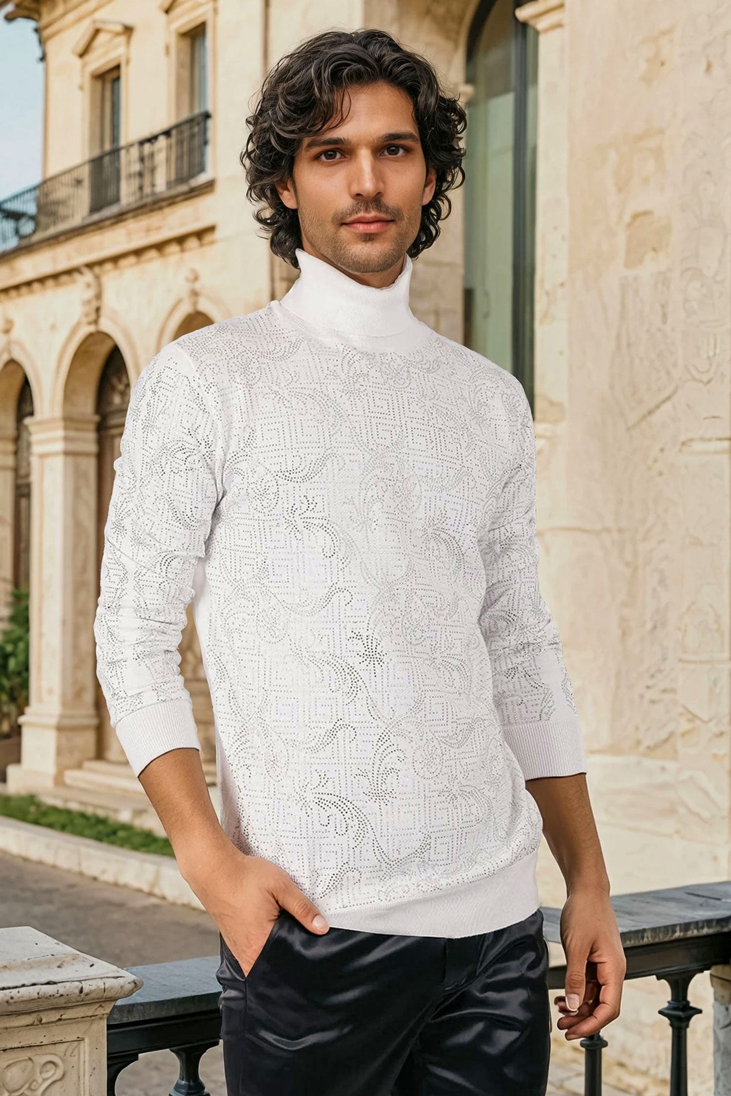 Barabas Men's Rhinestone Floral Greek Pattern Turtleneck Sweater 2LS2105 