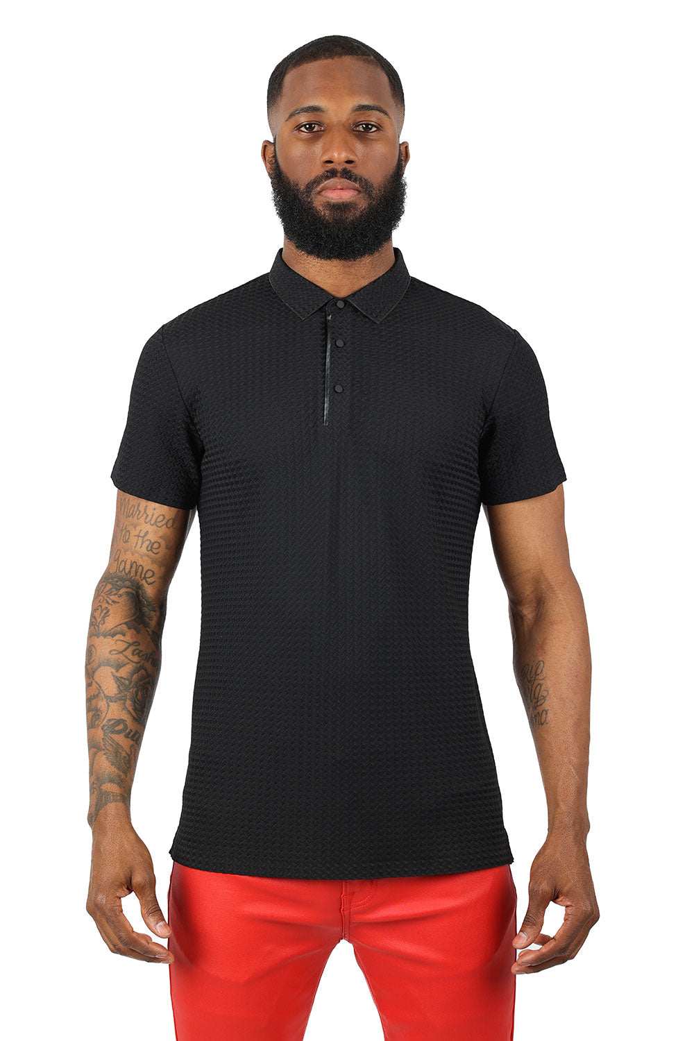 Barabas Men's  Geometric Silky Stretch Short Sleeve Polo Shirts 2PP830 Black