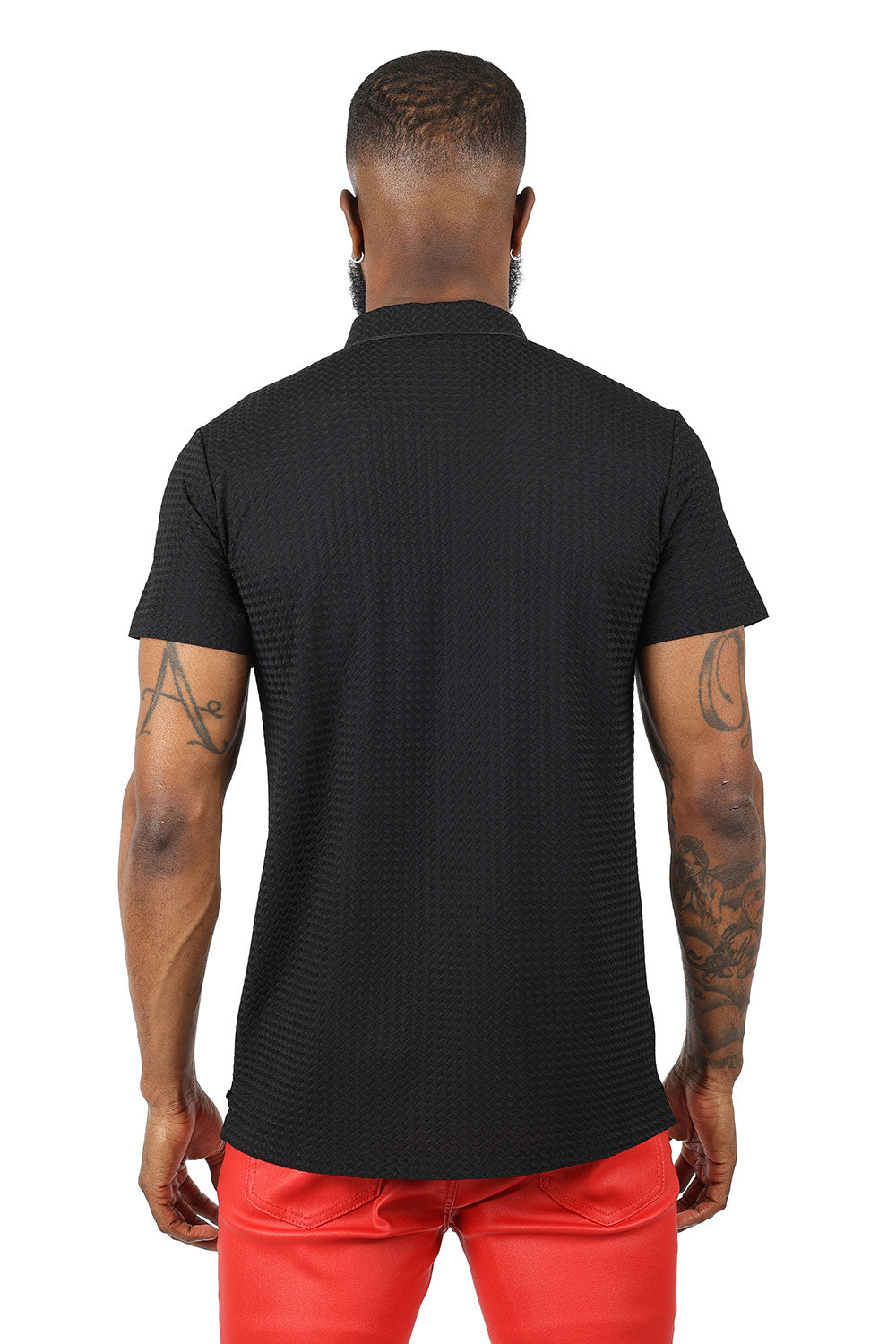 Barabas Men's  Geometric Silky Stretch Short Sleeve Polo Shirts 2PP830 Black