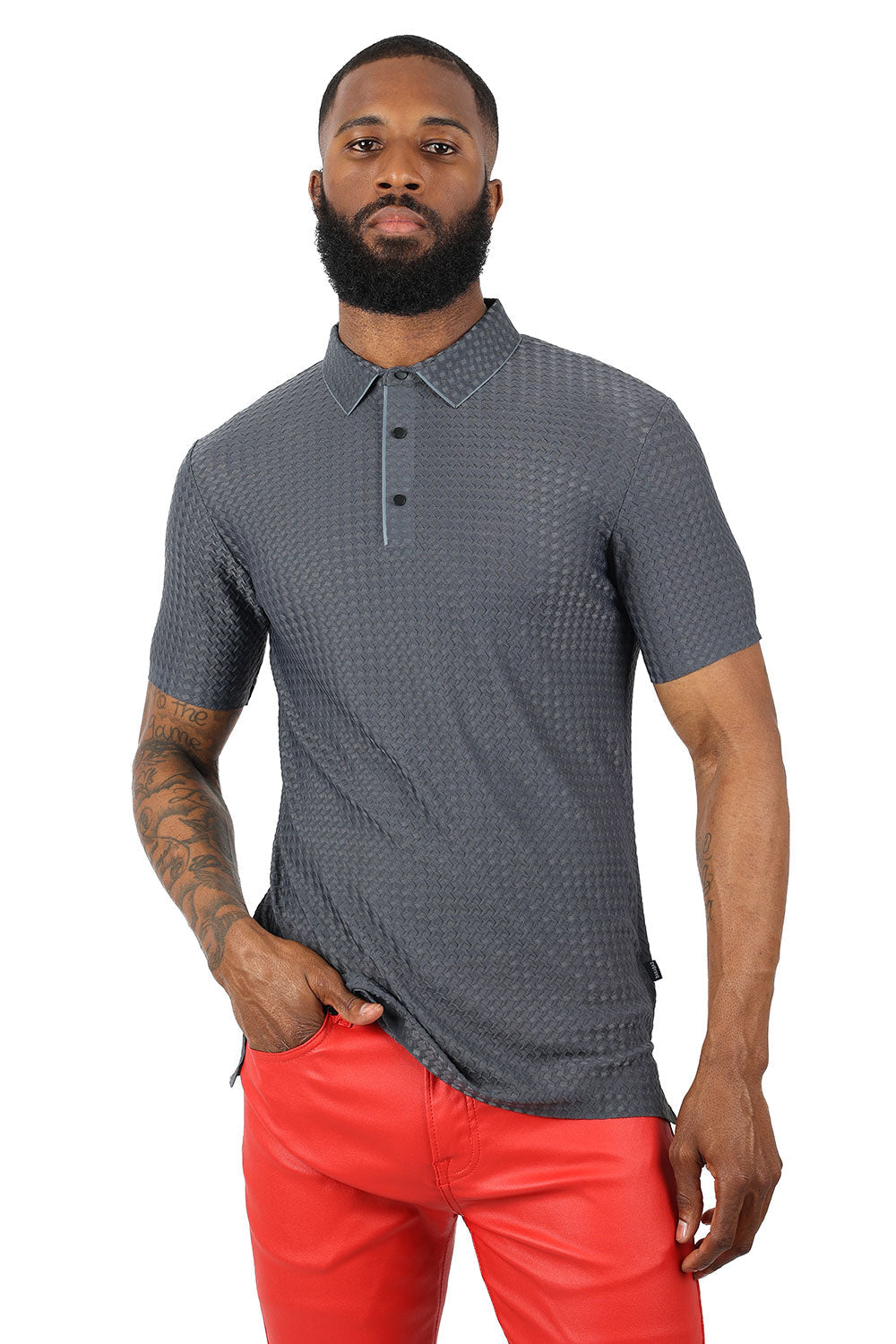Barabas Men's  Geometric Silky Stretch Short Sleeve Polo Shirts 2PP830 Grey