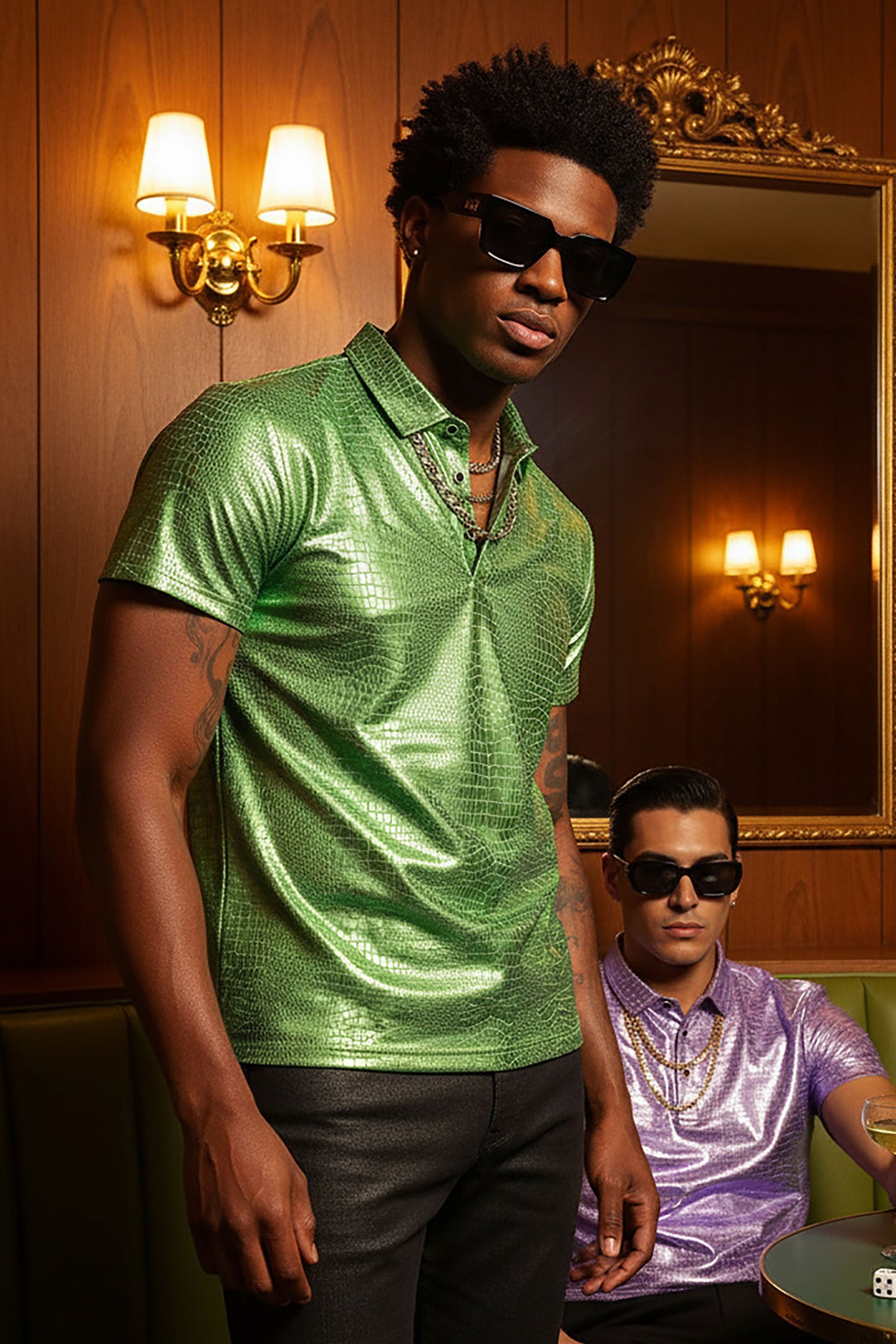 Barabas Men's Snake Luxury Metallic Print Design Polo Shirt 2PP831 green