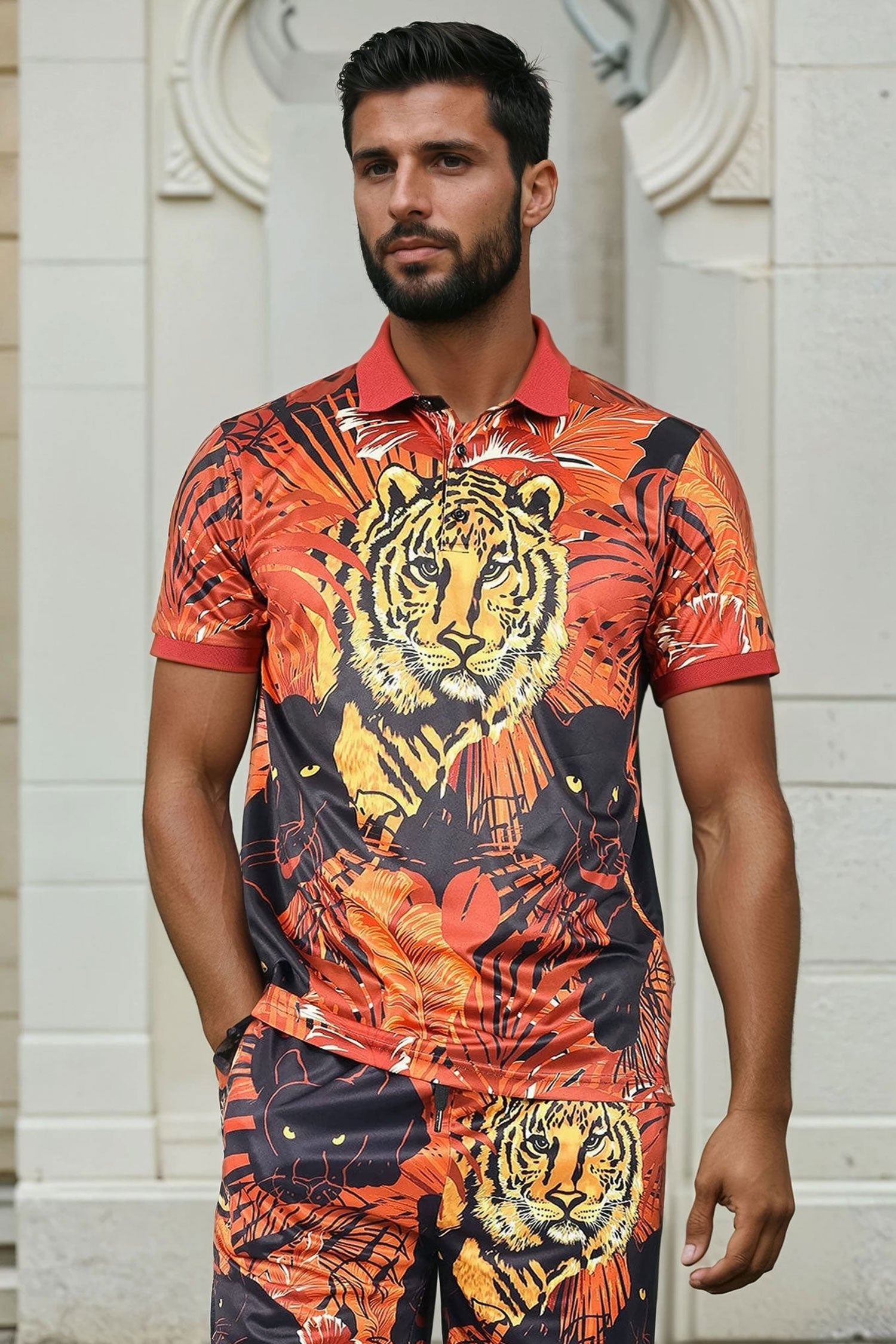 Barabas Men's Printed Tiger Floral Short Sleeve Polo Shirts 2PSP01 Gold Red