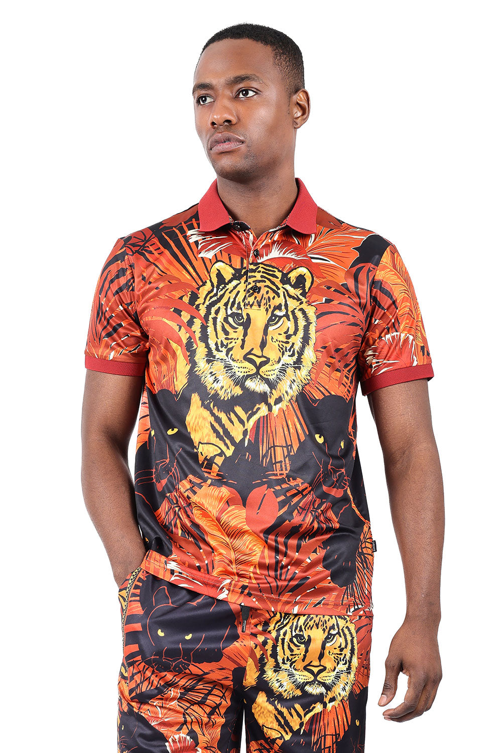 Barabas Men's Printed Tiger Floral Short Sleeve Polo Shirts 2PSP01 Gold Red