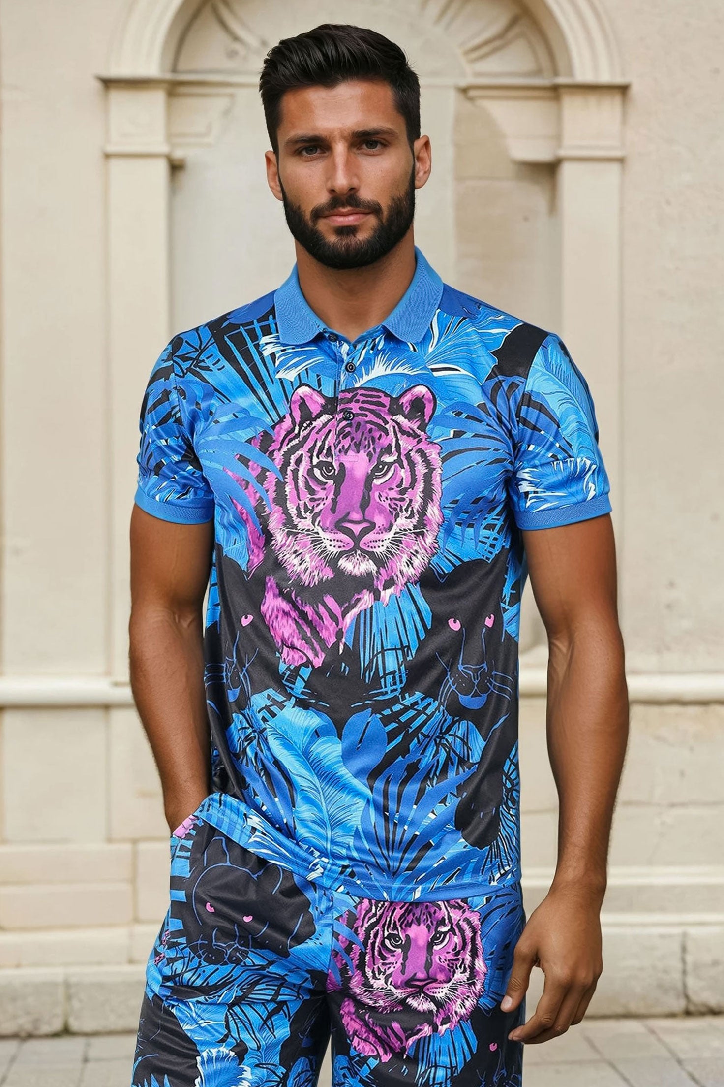 Barabas Men's Printed Tiger Floral Short Sleeve Polo Shirts 2PSP01 Navy Purple