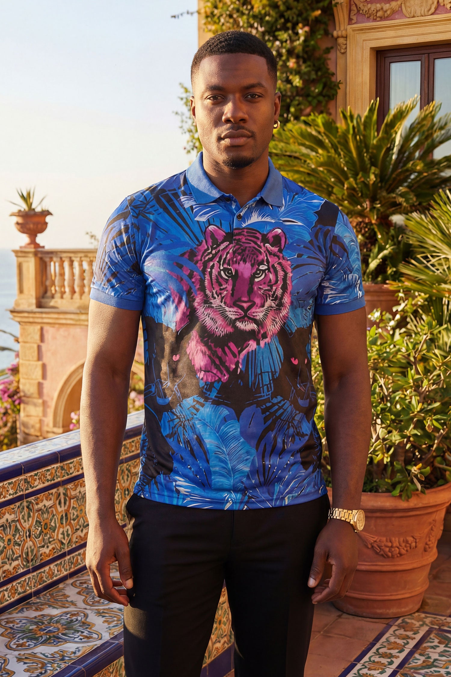 Barabas Men's Printed Tiger Floral Short Sleeve Polo Shirts 2PSP01 Navy Purple