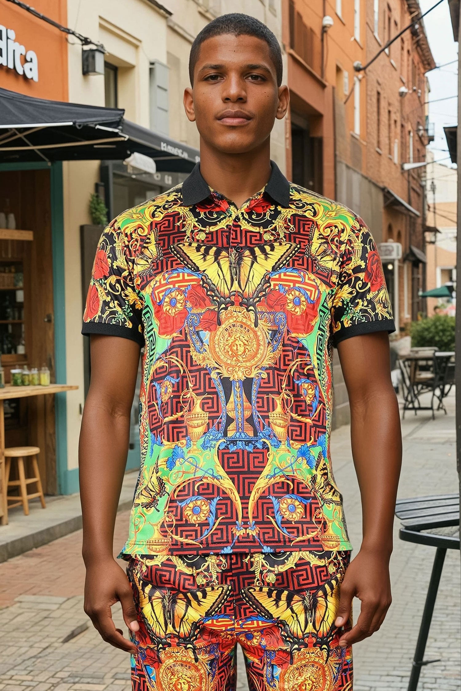 Barabas Men's Medusa Greek Pattern Floral Baroque Polo Shirts 2PSP02 Multi