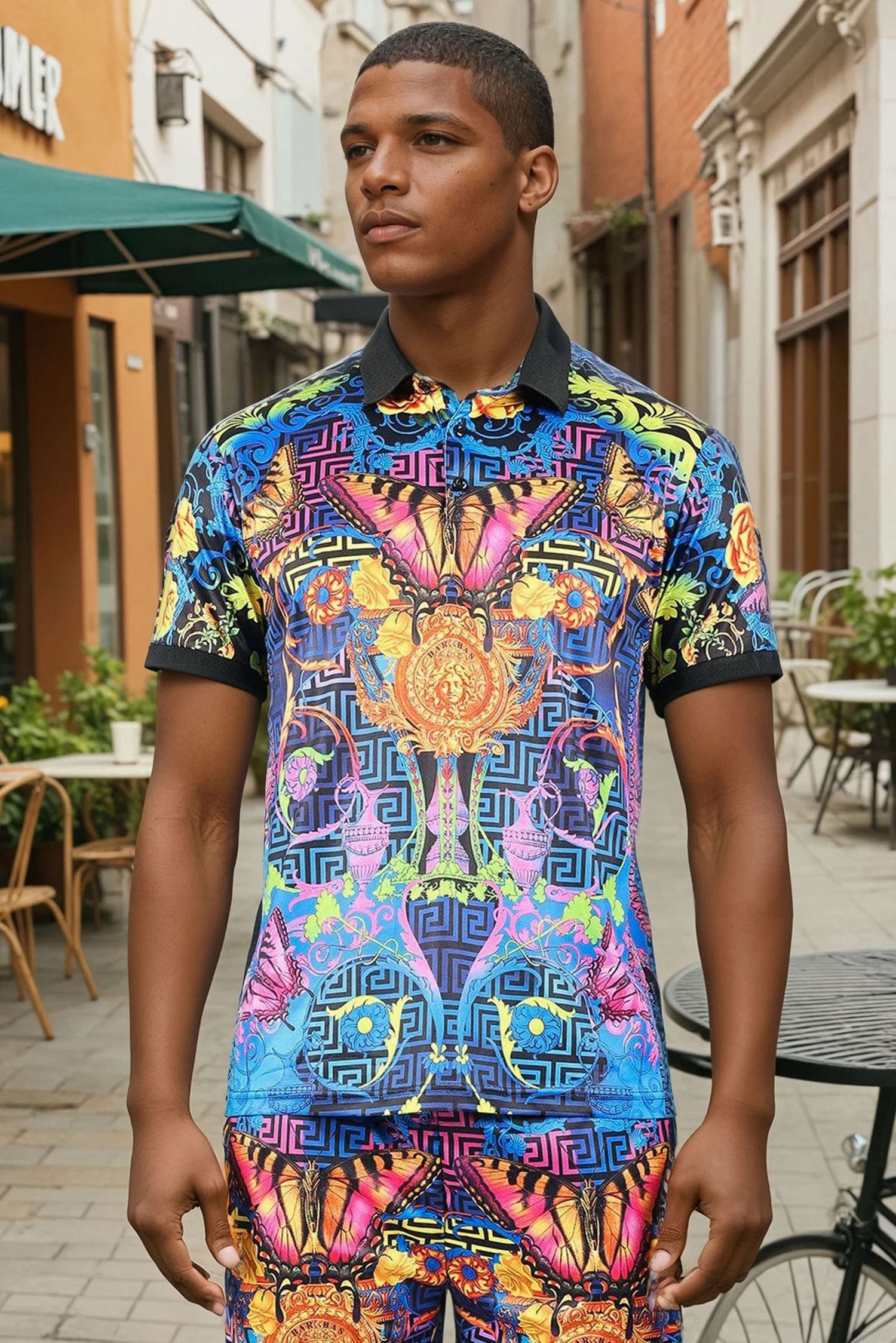 Barabas Men's Medusa Greek Pattern Floral Baroque Polo Shirts 2PSP02 Blue