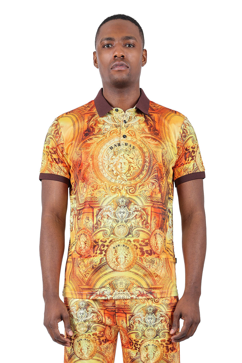 Barabas Men's Golden Medusa Leopard Baroque Polo Shirts 2PSP08 Gold