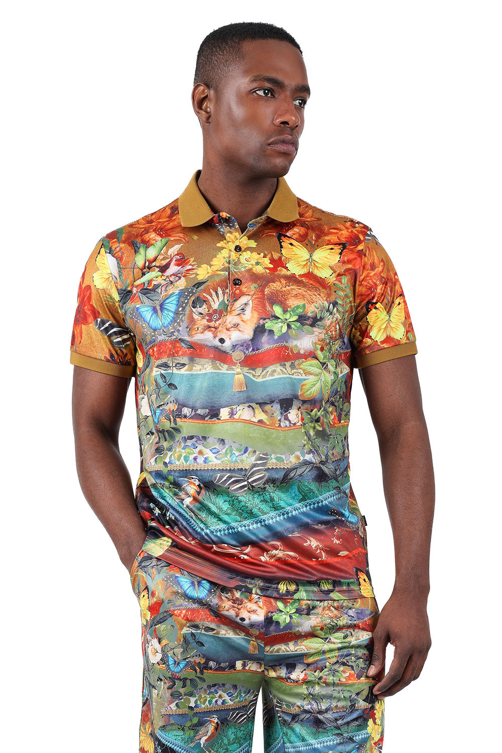 Barabas Men's Floral Pattern Fox Butterfly Fish Polo Shirts 2PSP11 Multicolor