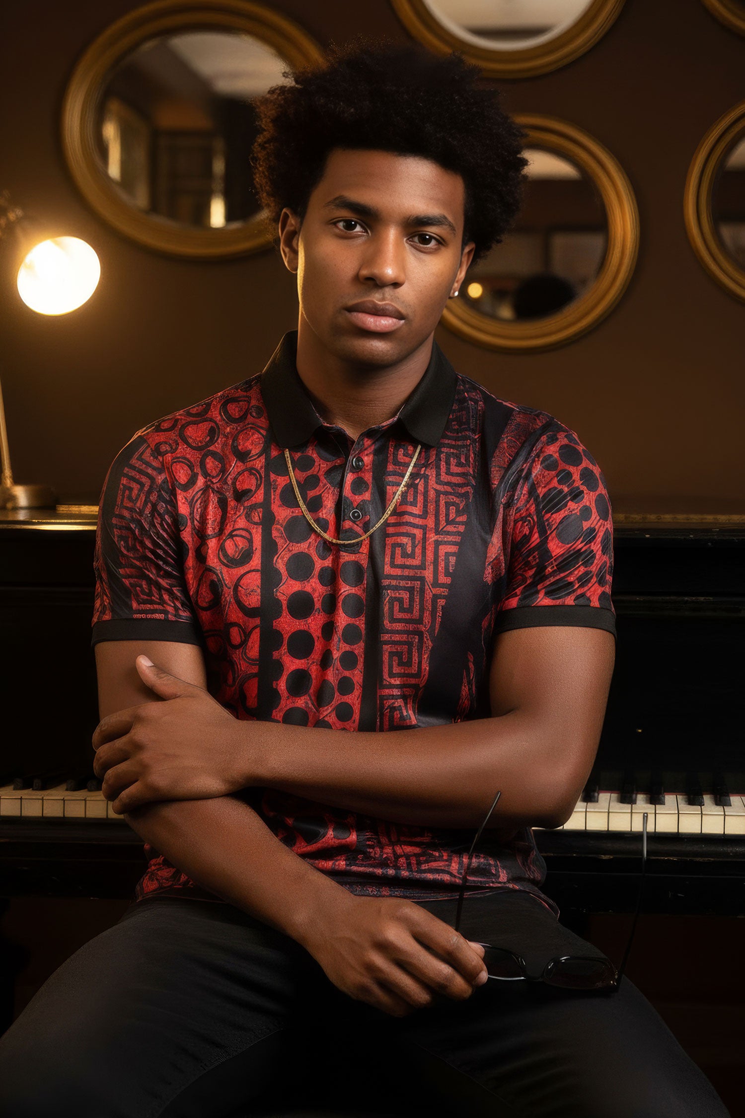 Barabas Men's Greek Pattern Polka Dot Baroque Polo Shirts 2PSP15 Red Black