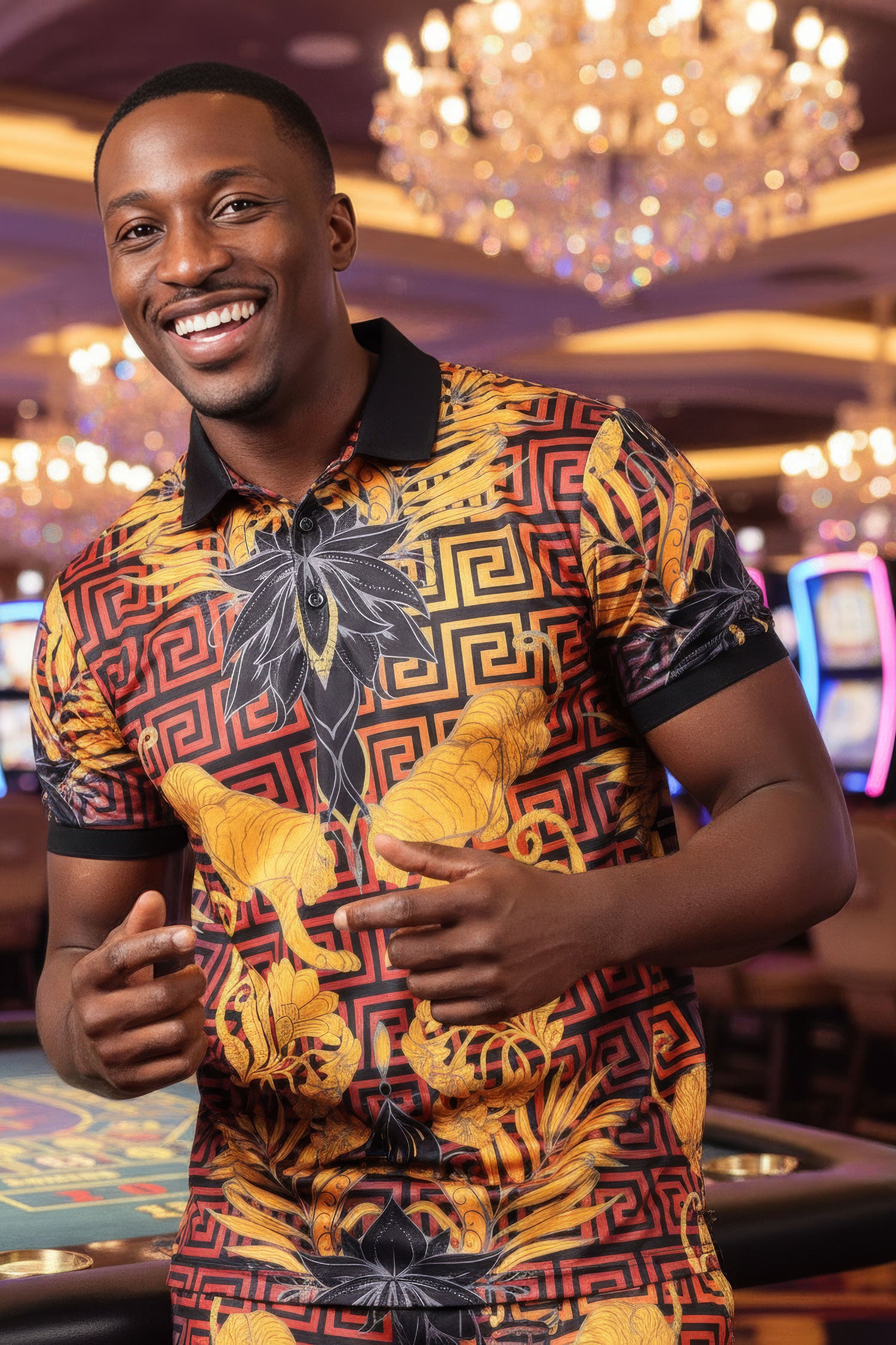 Barabas Men's Greek Pattern Floral Tiger Baroque Polo Shirts 2PSP16 Gold