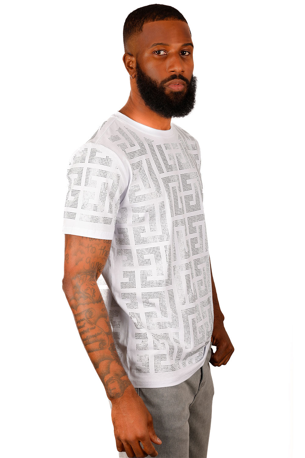 BARABAS Men's Greek Key Pattern Crew Neck T-Shirt 2STR7 White Silver