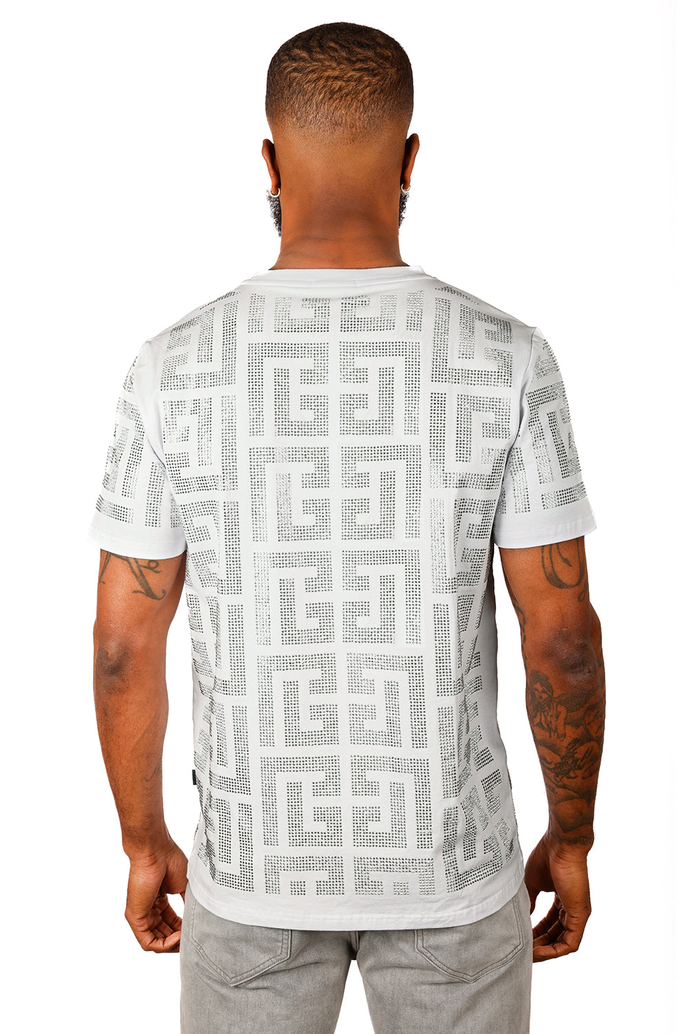 BARABAS Men's Greek Key Pattern Crew Neck T-Shirt 2STR7 White Silver