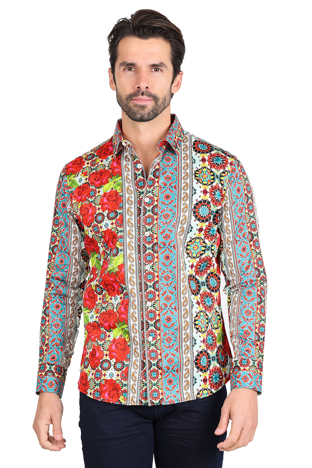 Barabas Long Sleeve Rose Pattern Men's Button Down Dress Shirts 2SA02 Multi