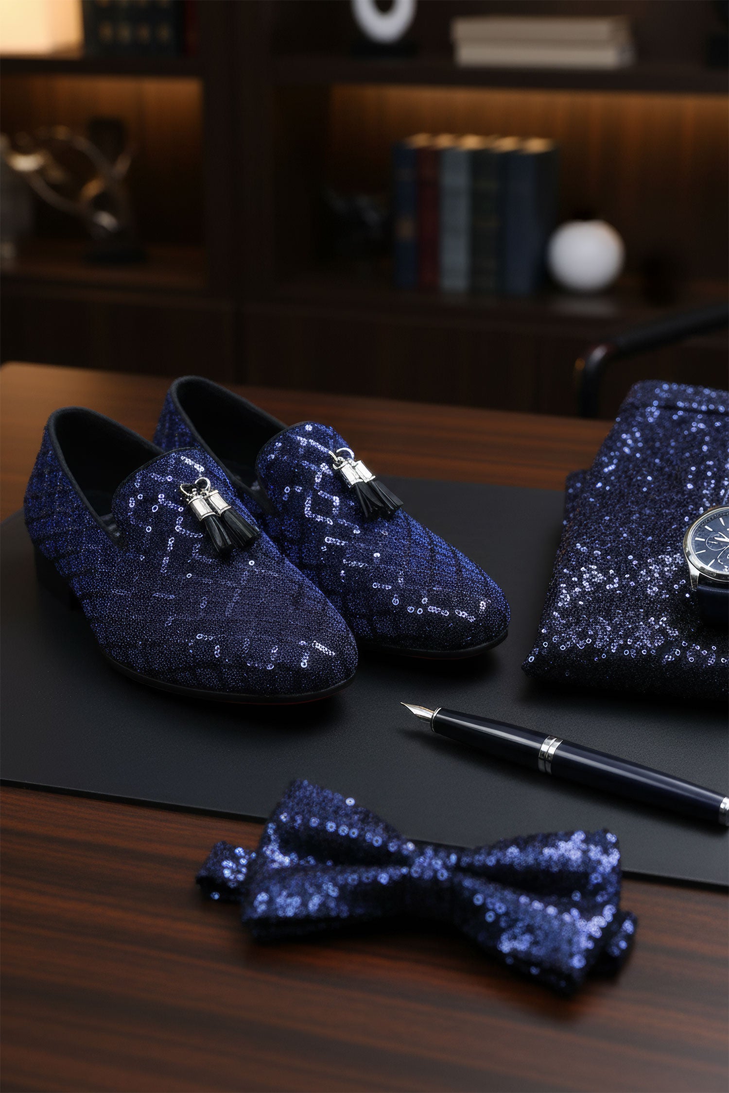 Barabas Men's Sequin Design Tassel Slip On Loafer Shoes 2SH3099 Navy