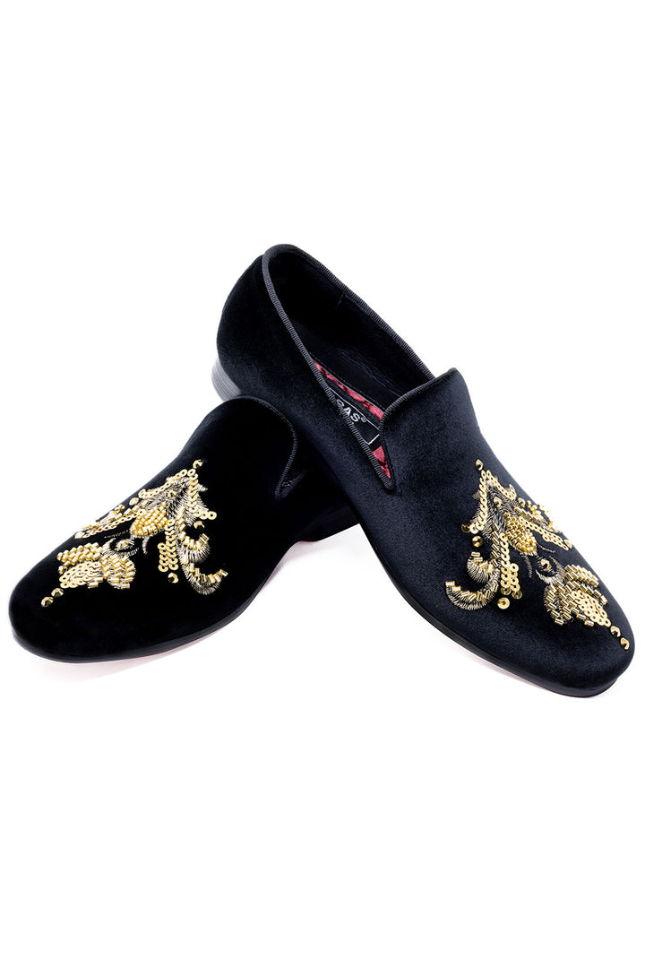Barabas Men's Sequin Velvet Design Slip On Loafer Shoes 2SHR2 Black Gold