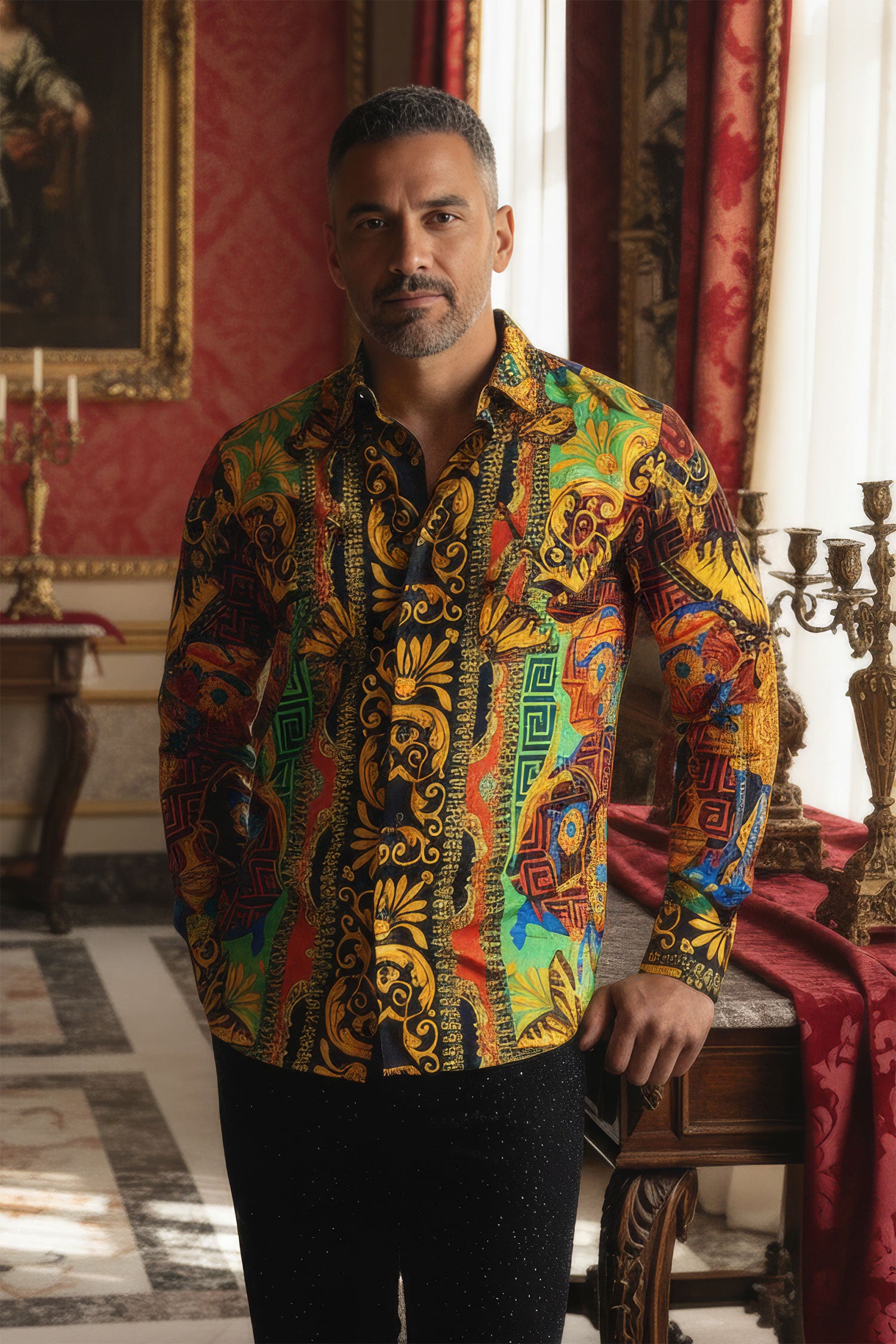 Barabas Men's Medusa Floral Baroque Butterfly Greek Shirt 2SP223 Multi