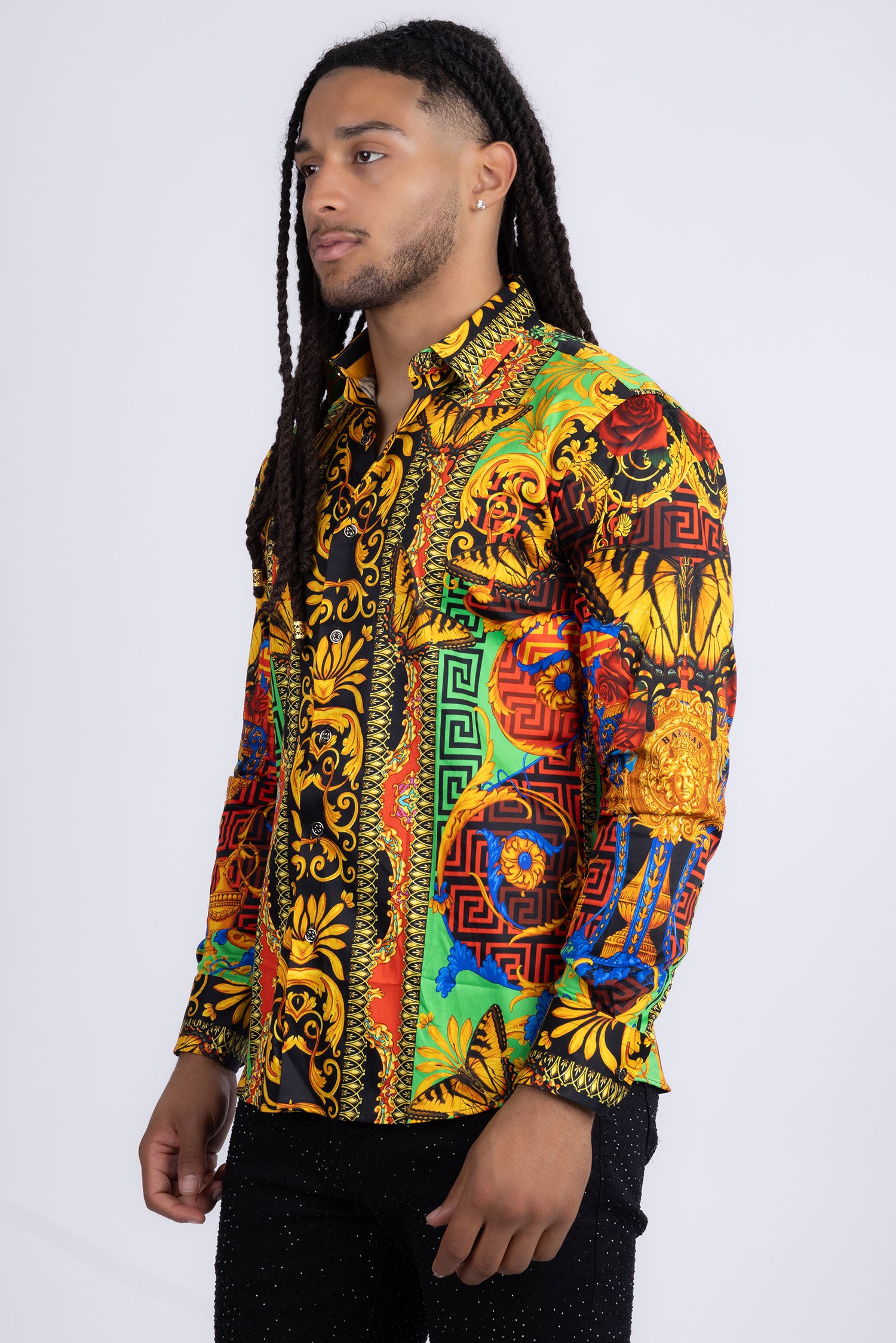 Barabas Men's Medusa Floral Baroque Butterfly Greek Shirt 2SP223 Multi