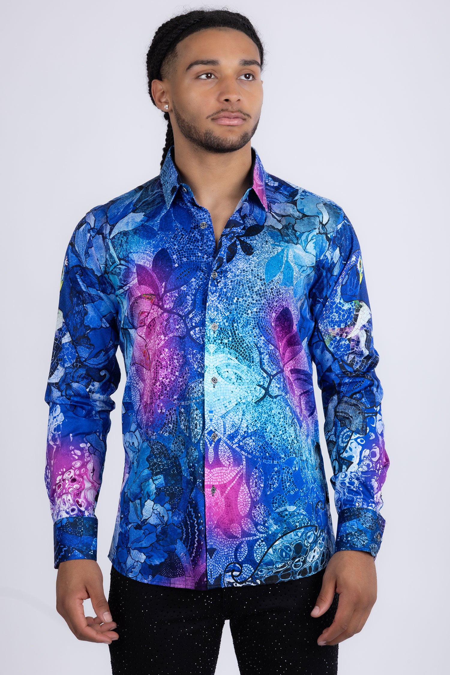 Barabas men's Peacock Abstract printed long sleeve shirts 2SP31 Blue