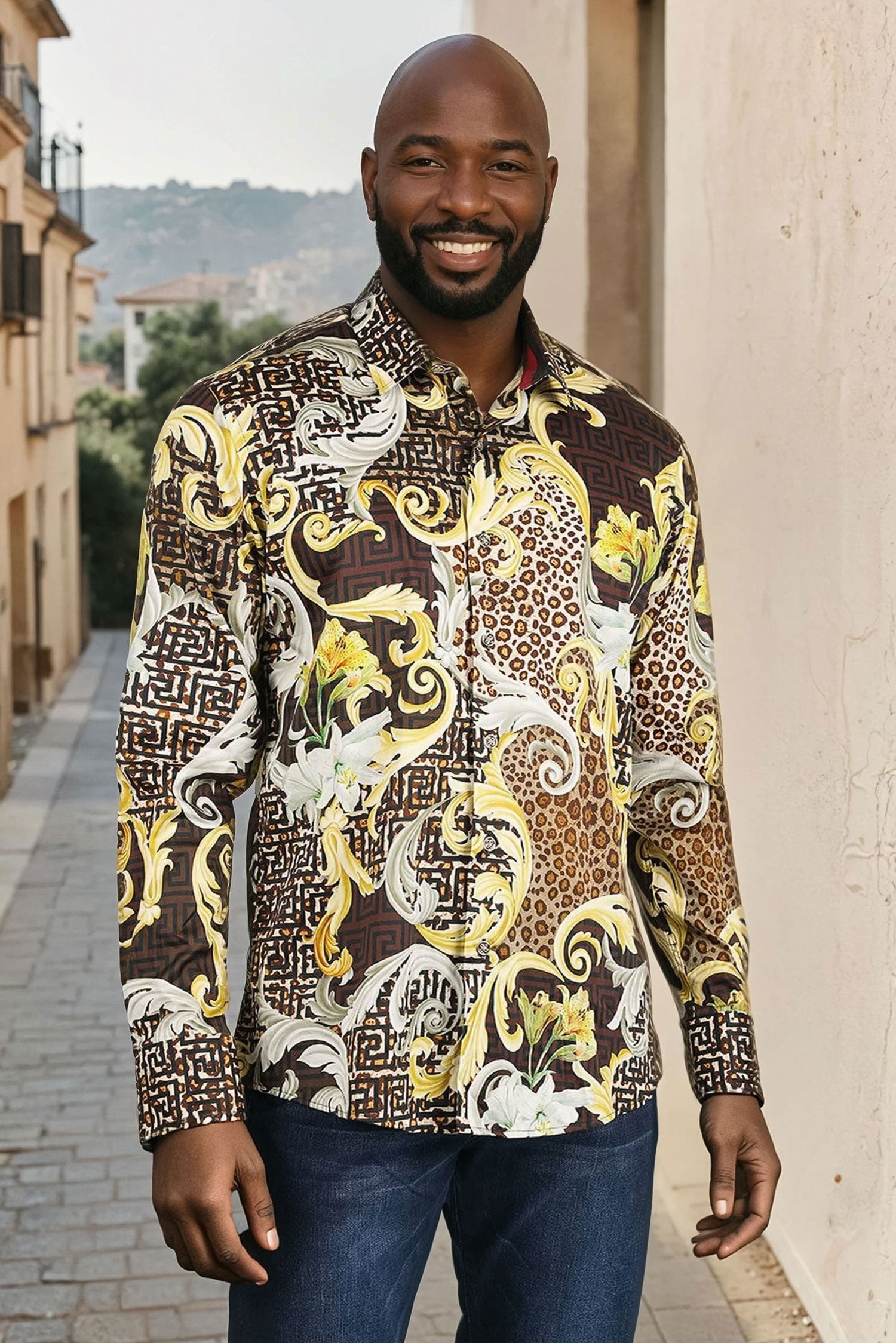 BARABAS men's Leopard Floral Greek Key Pattern Baroque Shirts 2SP34