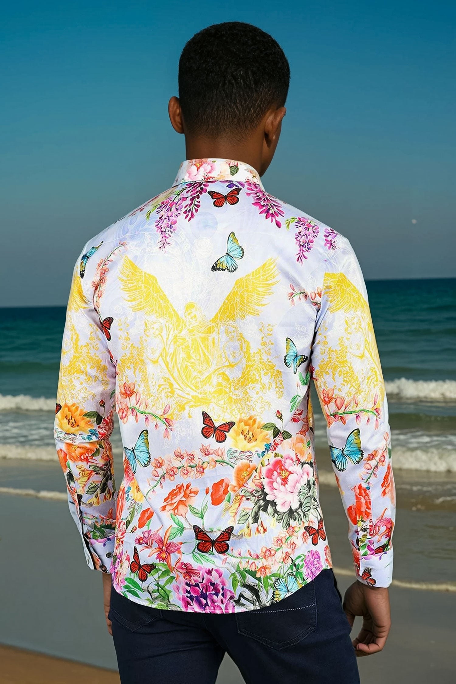 Barabas Men's floral butterfly bird printed Long Sleeve Shirts 2SP38 White