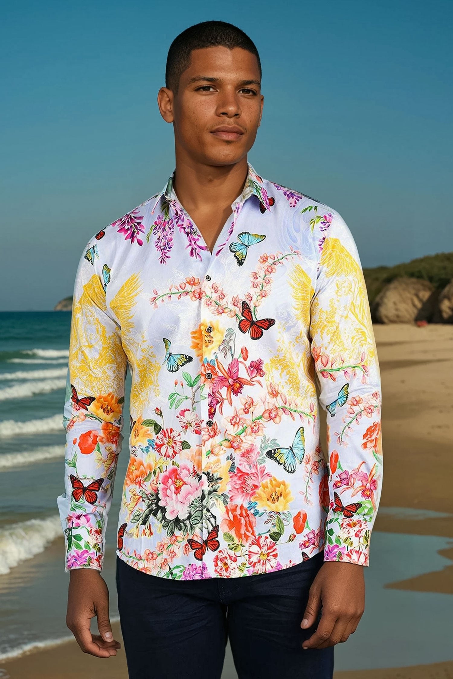 Barabas Men's floral butterfly bird printed Long Sleeve Shirts 2SP38 Yellow