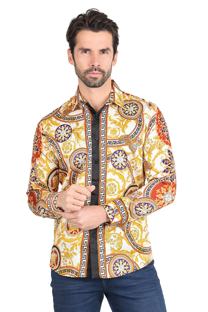 Barabas Men's Leopard Greek Pattern Crown Long Sleeve  Shirts 2SP41 Gold