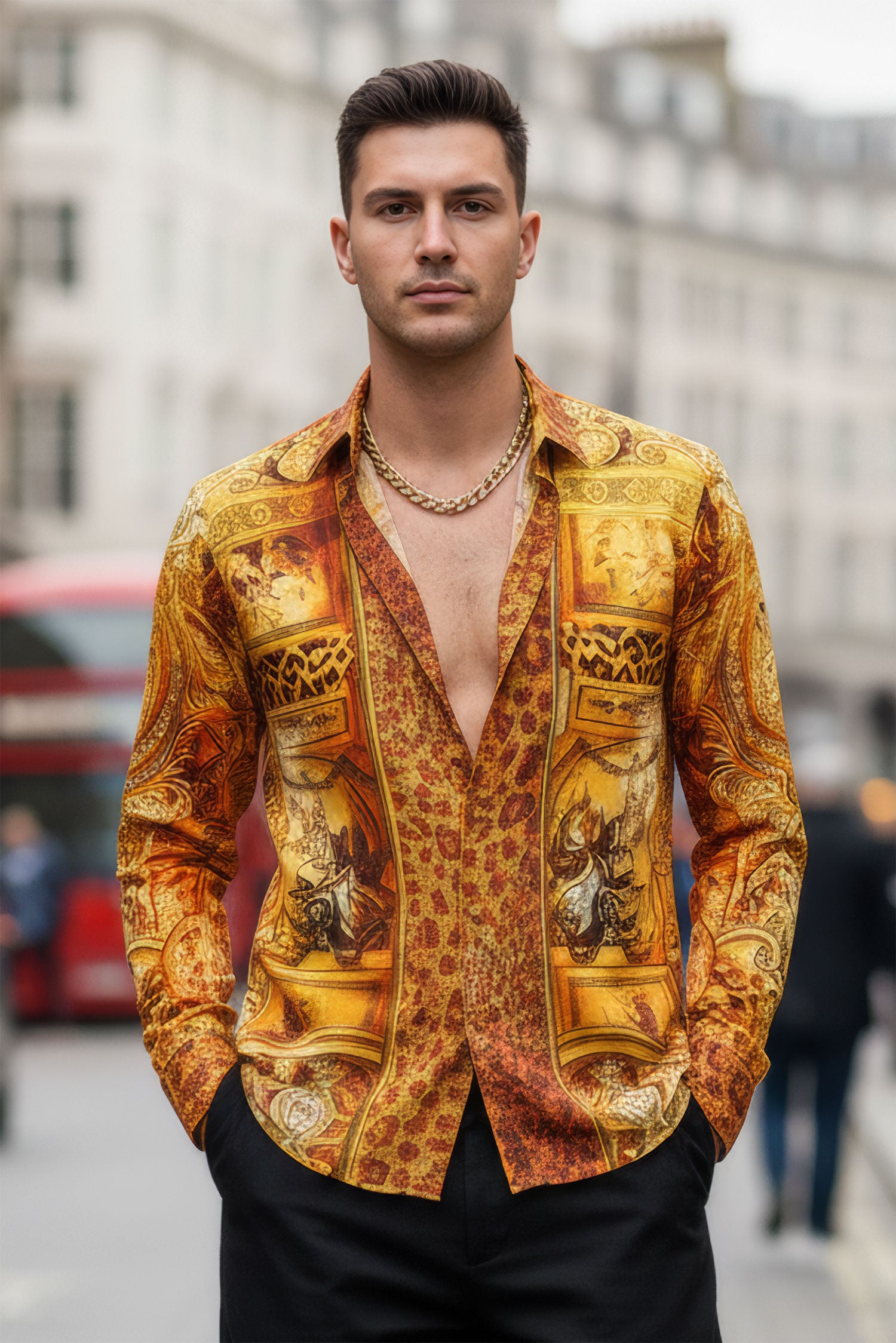 BARABAS Men's Rhinestone Medusa Floral Angeles Baroque Shirt 2SPR220 Rust