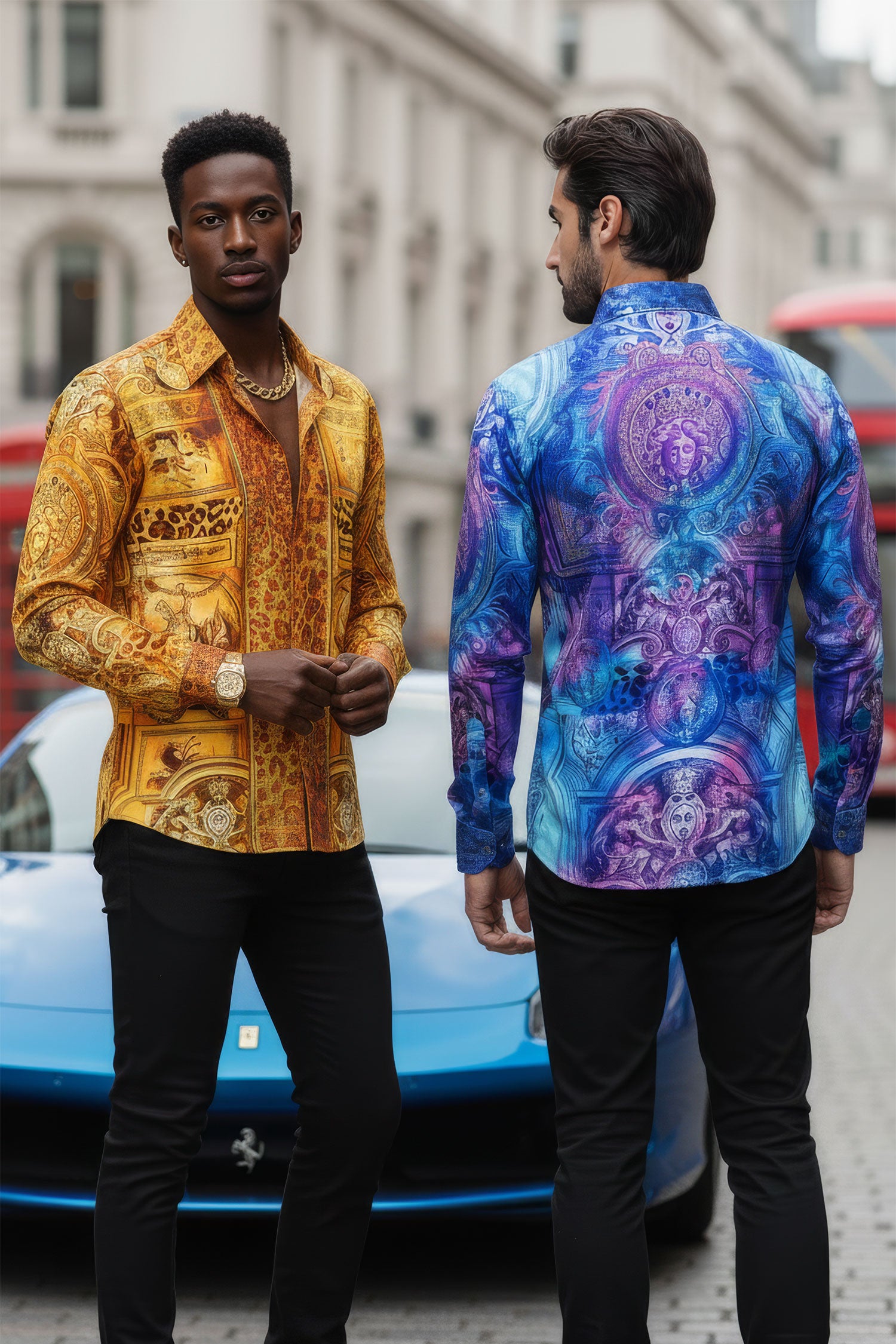 BARABAS Men's Rhinestone Medusa Floral Angeles Baroque Shirt 2SPR220 Rust