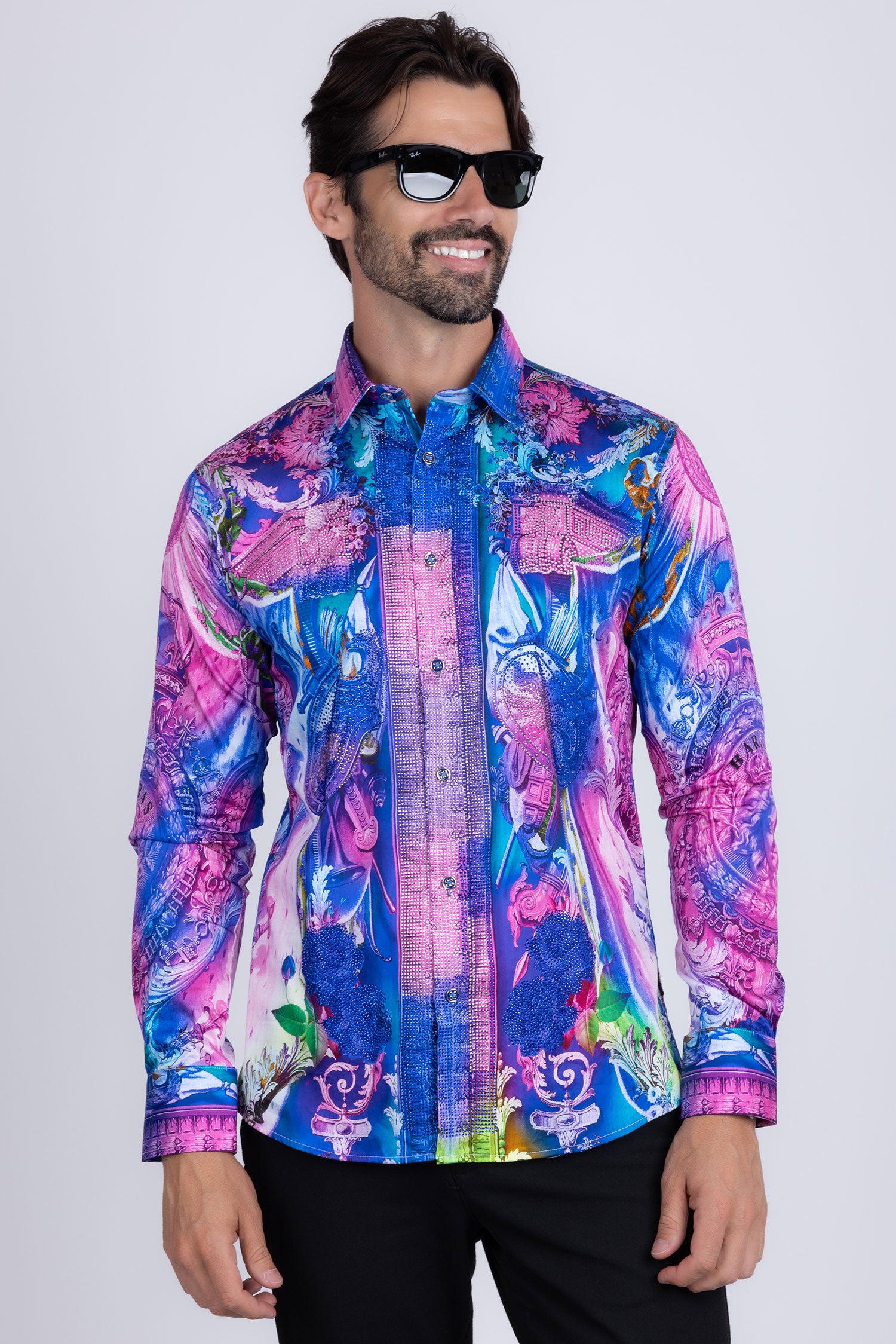BARABAS Men's Rhinestone Medusa Floral Printed Baroque Shirt 2SPR222