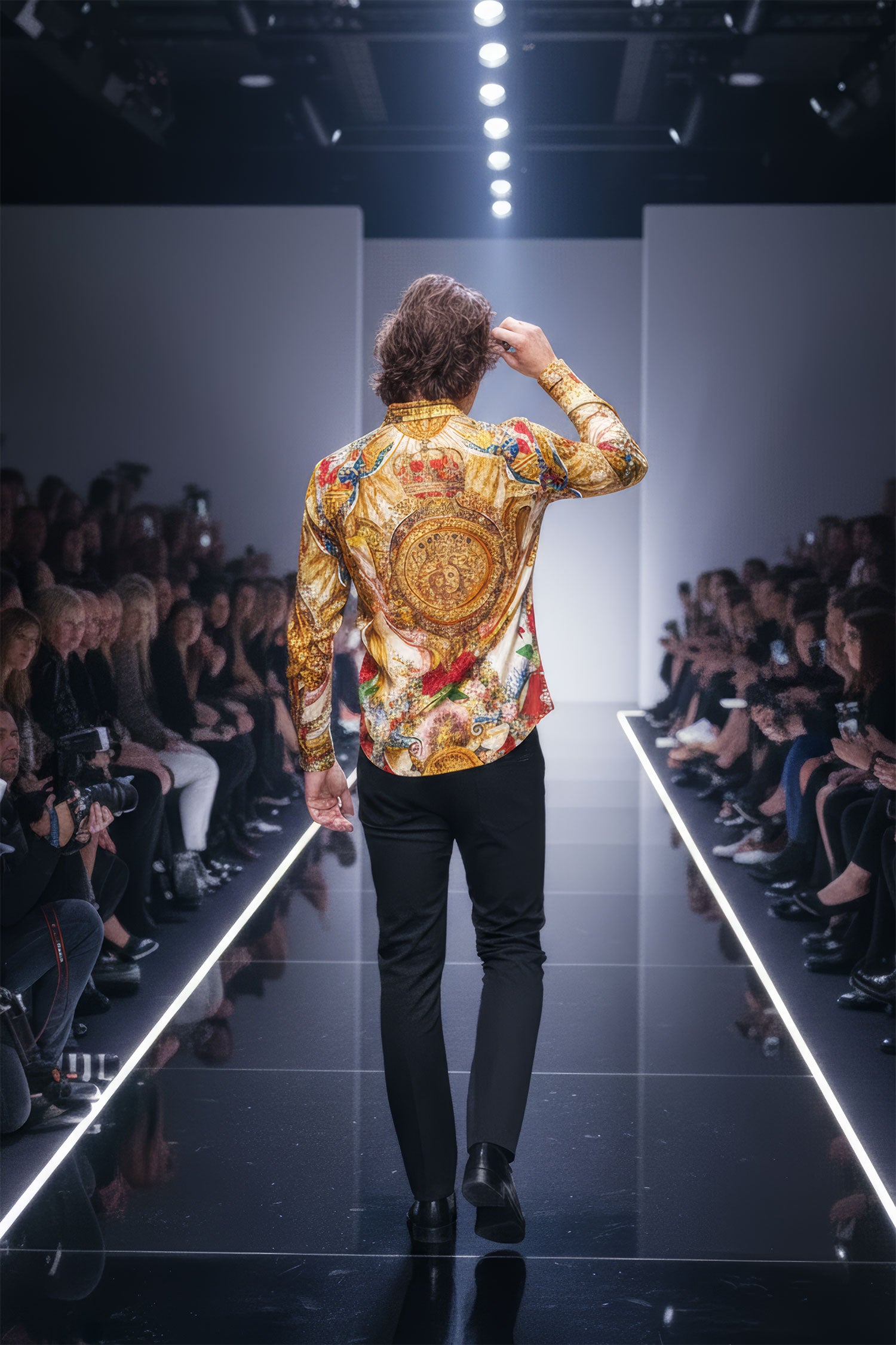 BARABAS Men's Rhinestone Medusa Floral Printed Baroque Shirt 2SPR222 Gold