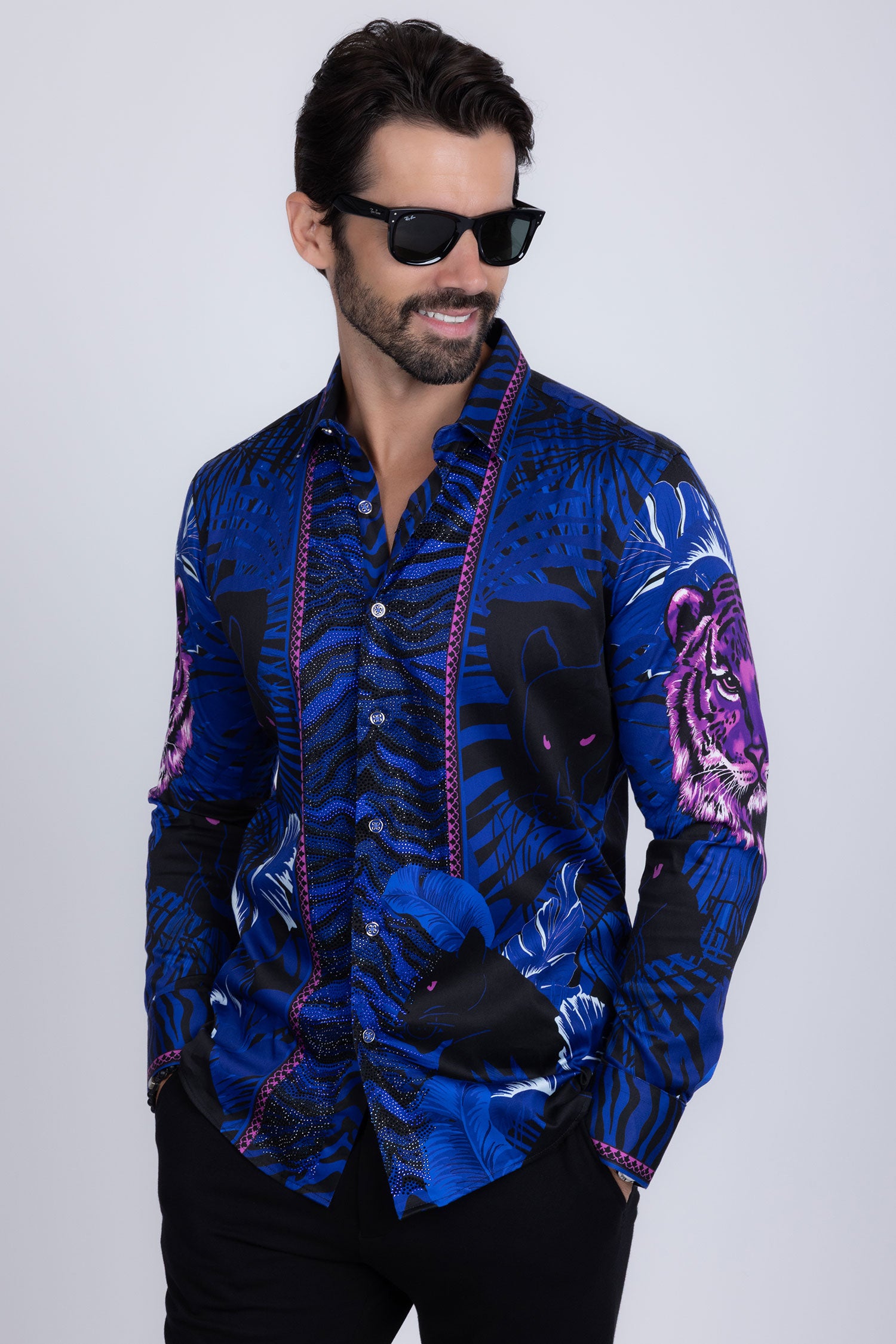 BARABAS Men's Rhinestone Leopard Floral Long Sleeves Shirt 2SPR225 Navy