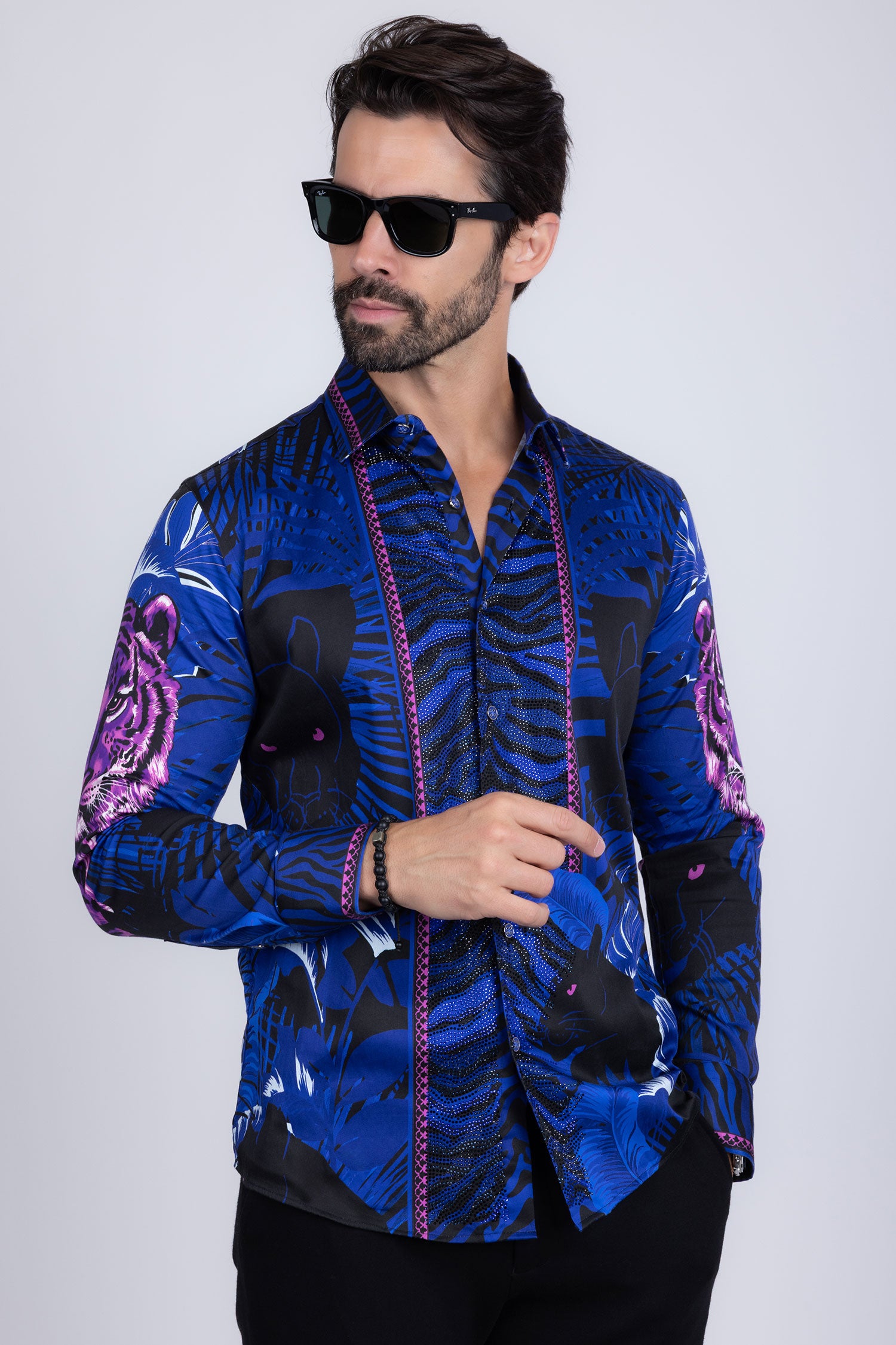 BARABAS Men's Rhinestone Leopard Floral Long Sleeves Shirt 2SPR225 Navy