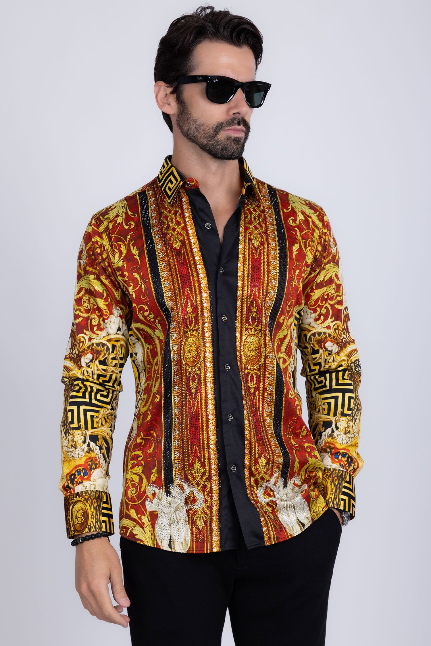 BARABAS Men's Rhinestone Angles Greek Pattern Crown Shirts 2SPR28