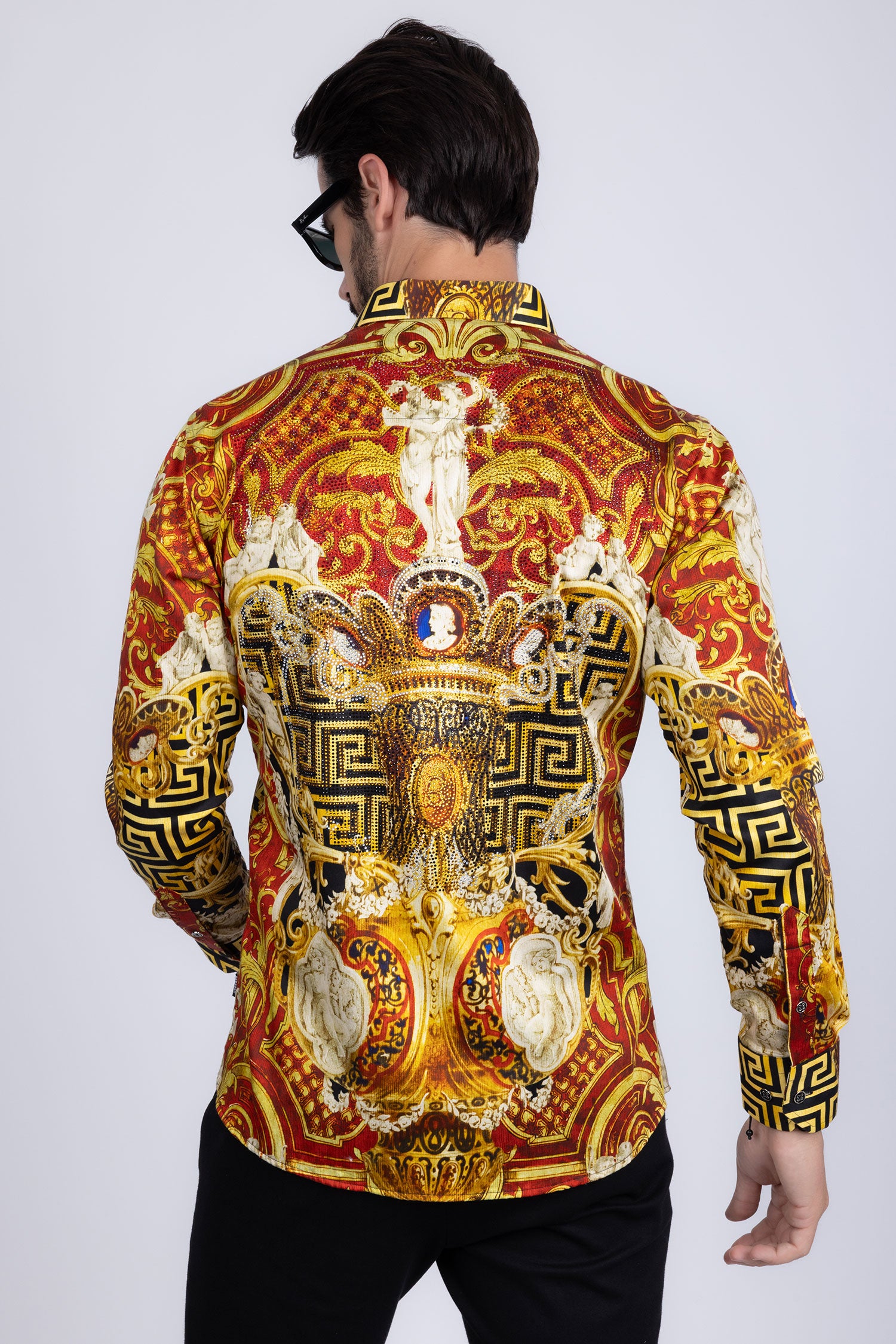 BARABAS Men's Rhinestone Angles Greek Pattern Crown Shirts 2SPR28