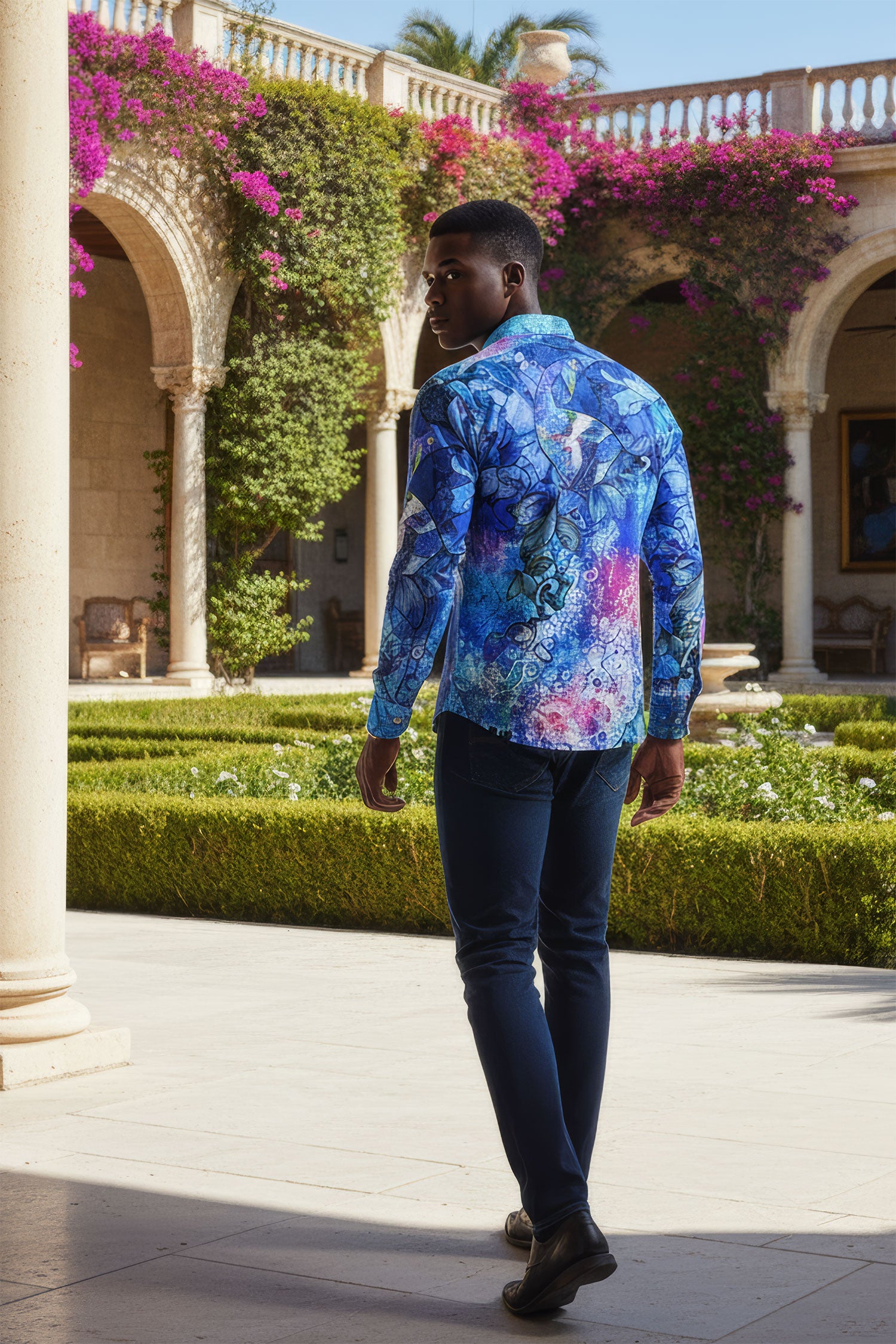 BARABAS men's Peacock Abstract printed long sleeve shirts 2SPR31 Blue