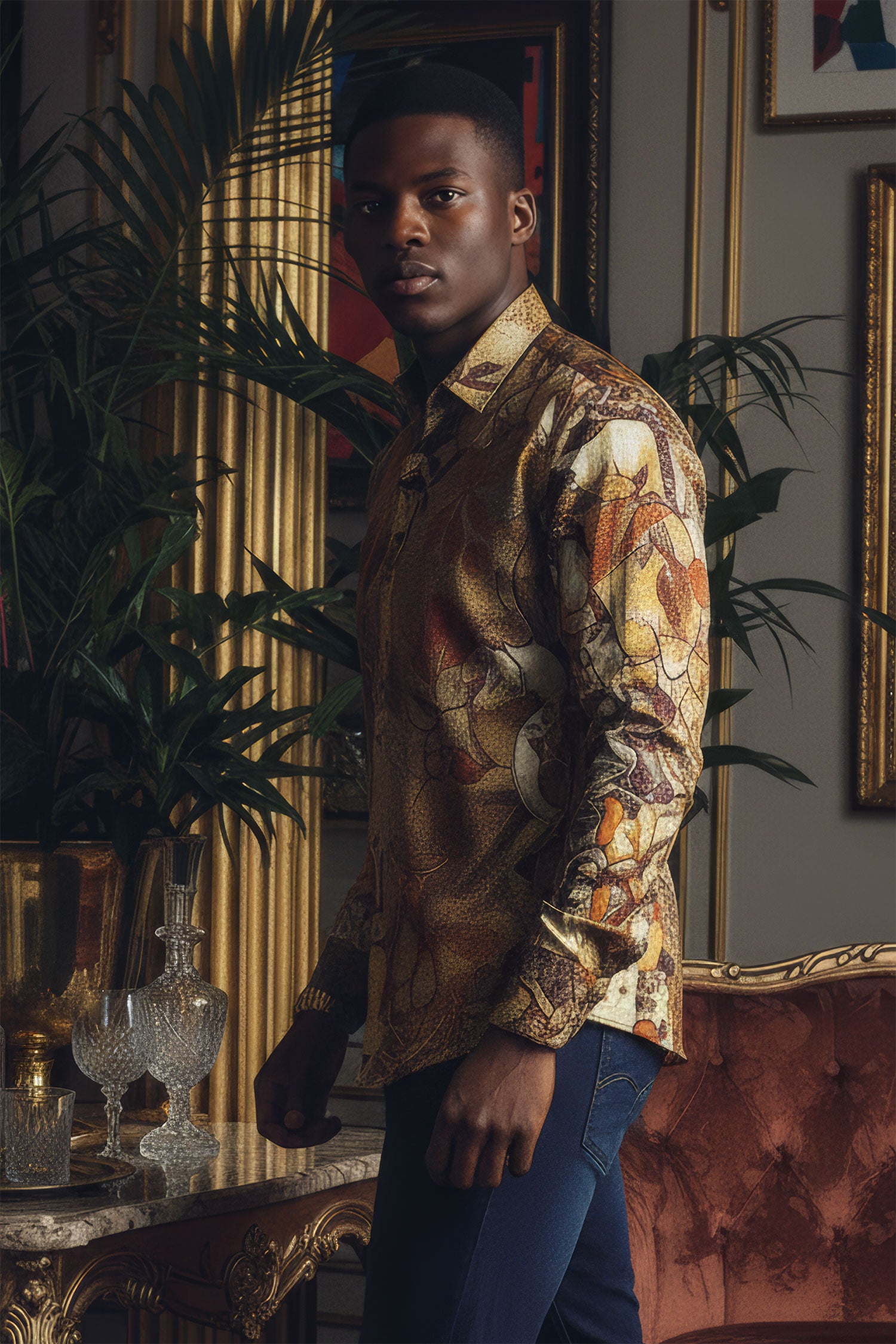 BARABAS men's Peacock Abstract printed long sleeve shirts 2SPR31 Rust