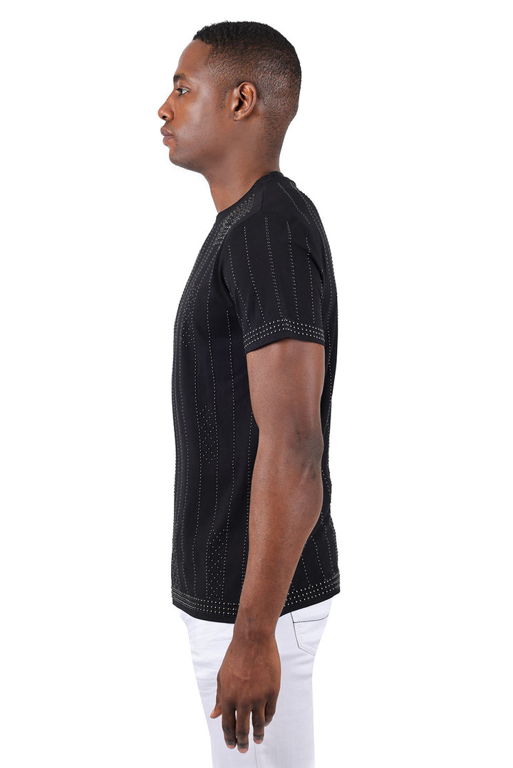BARABAS Men's Rhinestone Striped Geometric Crew Neck T-Shirt 2STR6 Black and Black