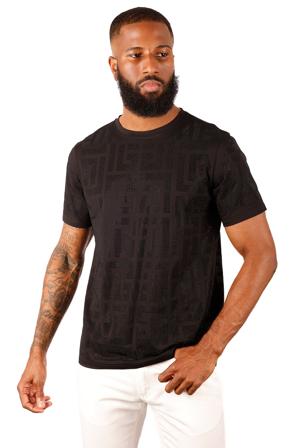 BARABAS Men's Greek Key Pattern Crew Neck T-Shirt 2STR7 Black