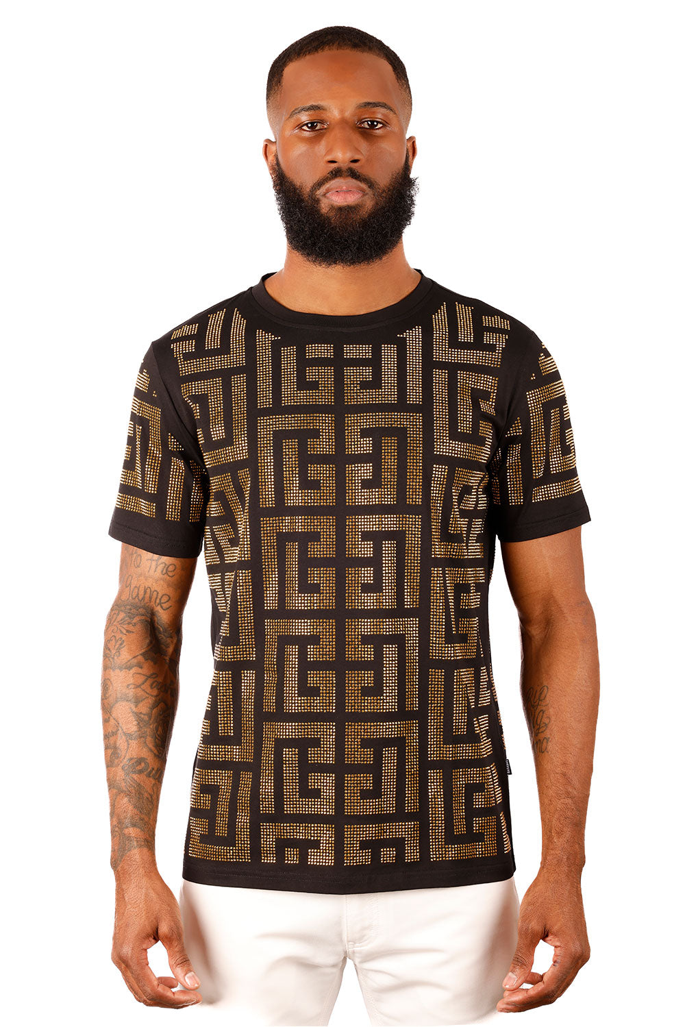 BARABAS Men's Greek Key Pattern Crew Neck T-Shirt 2STR7 Gold