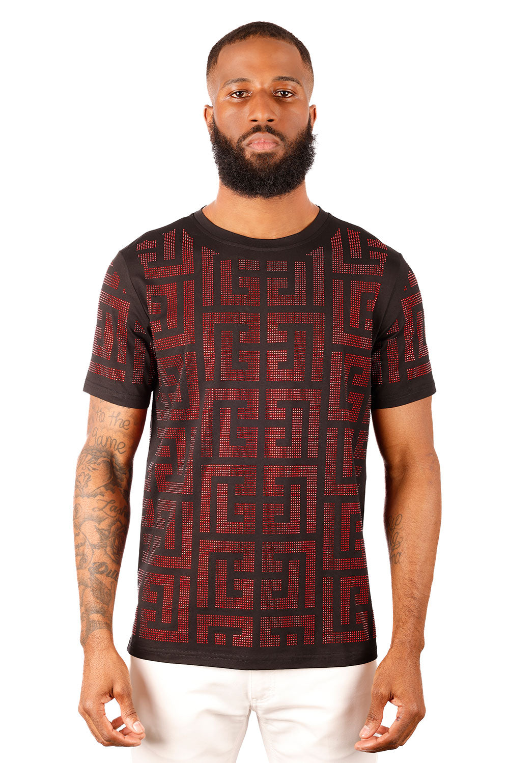 BARABAS Men's Greek Key Pattern Crew Neck T-Shirt 2STR7 Black Red