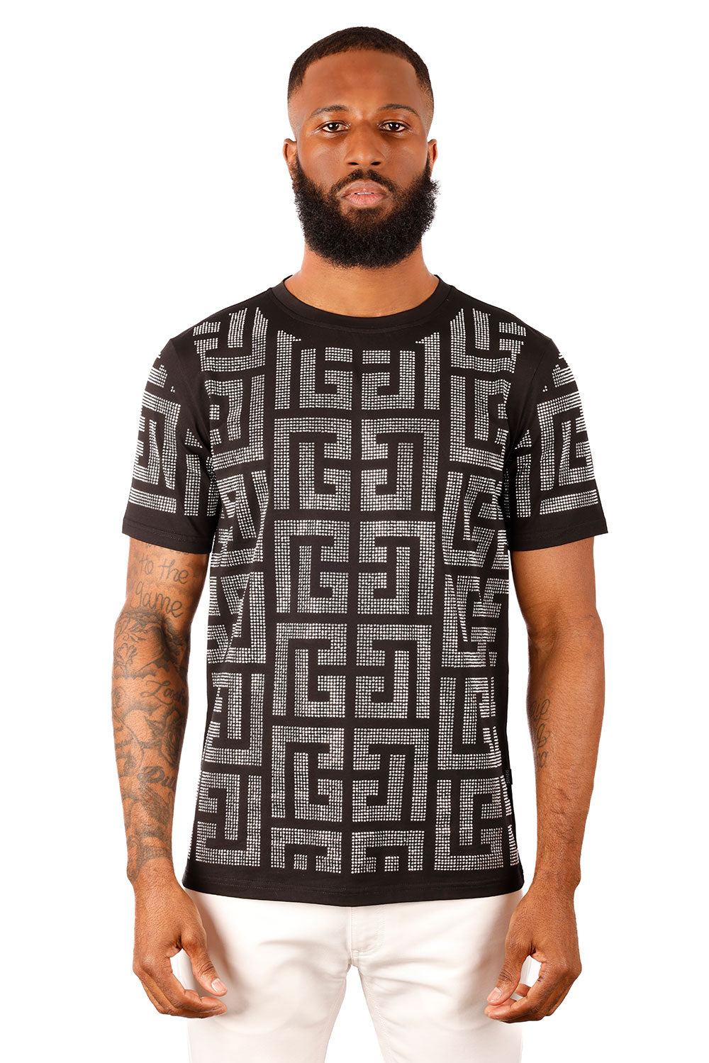 BARABAS Men's Greek Key Pattern Crew Neck T-Shirt 2STR7 Black Silver