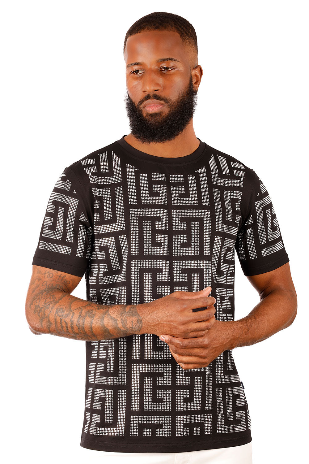 BARABAS Men's Greek Key Pattern Crew Neck T-Shirt 2STR7 Black Silver