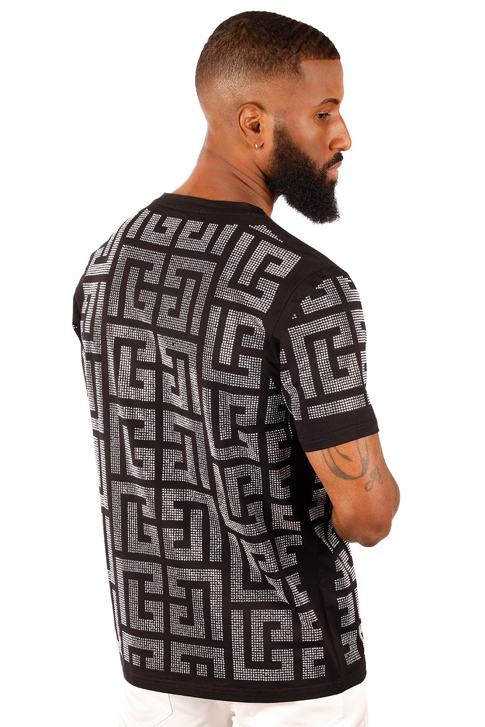 BARABAS Men's Greek Key Pattern Crew Neck T-Shirt 2STR7 Black Silver