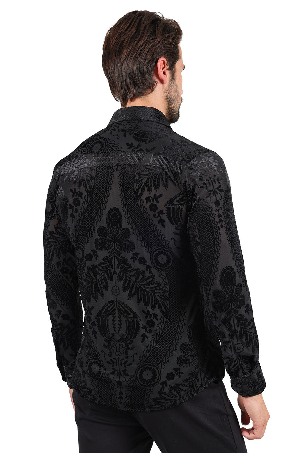 BARABAS Men's Floral Paisley See Through Long Sleeve Shirt 2SVL02 Black