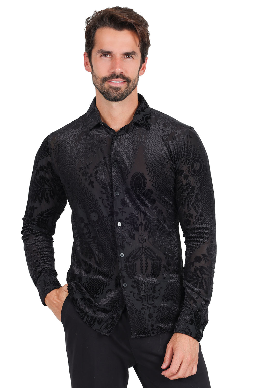 BARABAS Men's Floral Paisley See Through Long Sleeve Shirt 2SVL02 Black