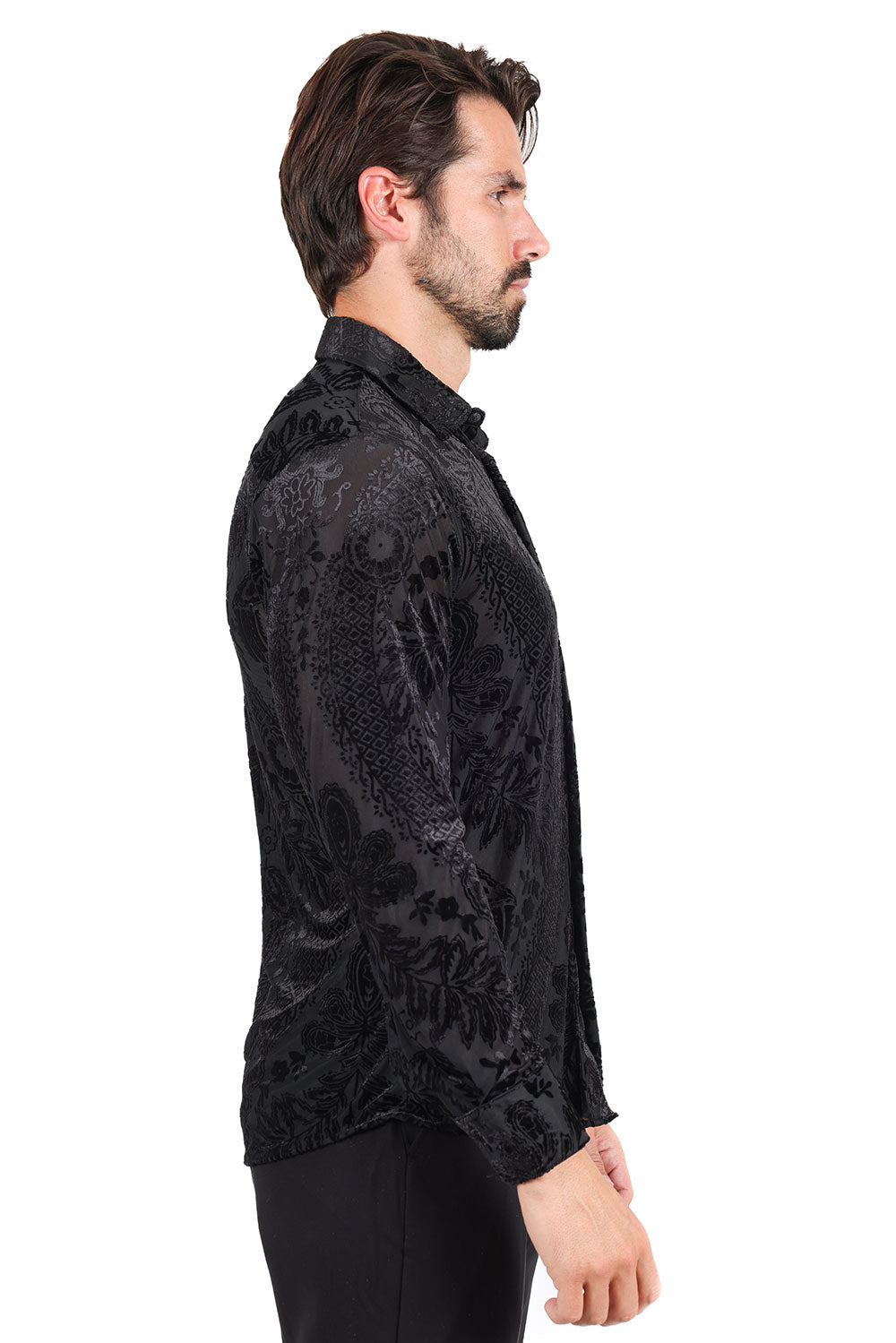 BARABAS Men's Floral Paisley See Through Long Sleeve Shirt 2SVL02 Black