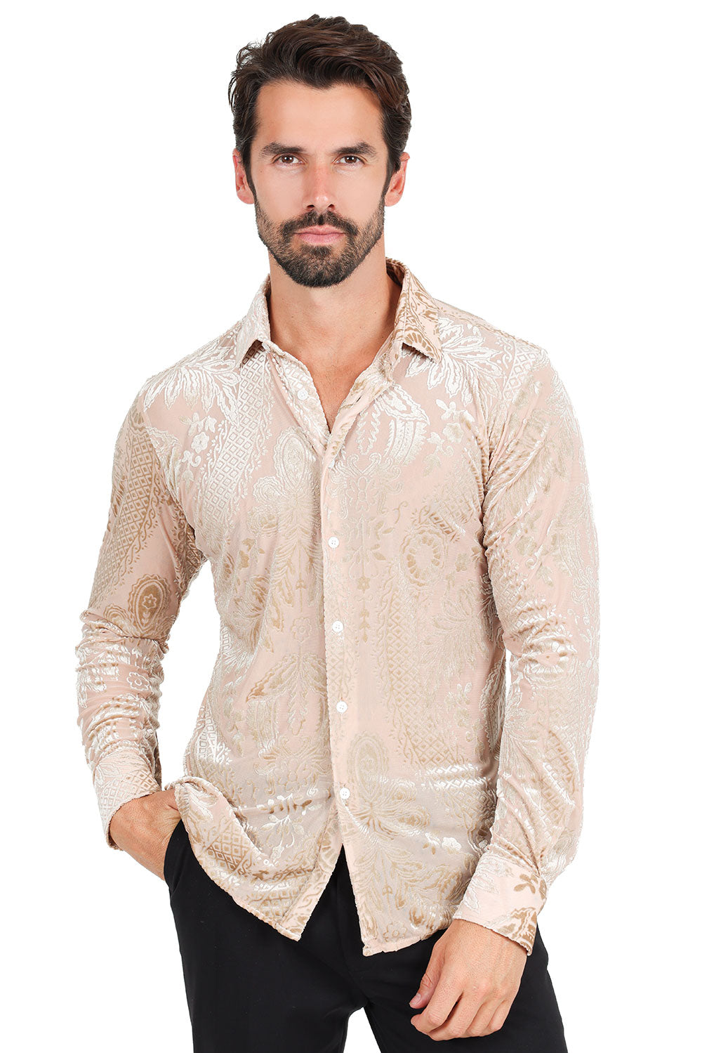 BARABAS Men's Floral Paisley See Through Long Sleeve Shirt 2SVL02 Cream