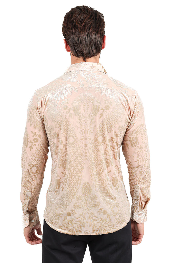 BARABAS Men's Floral Paisley See Through Long Sleeve Shirt 2SVL02 Cream