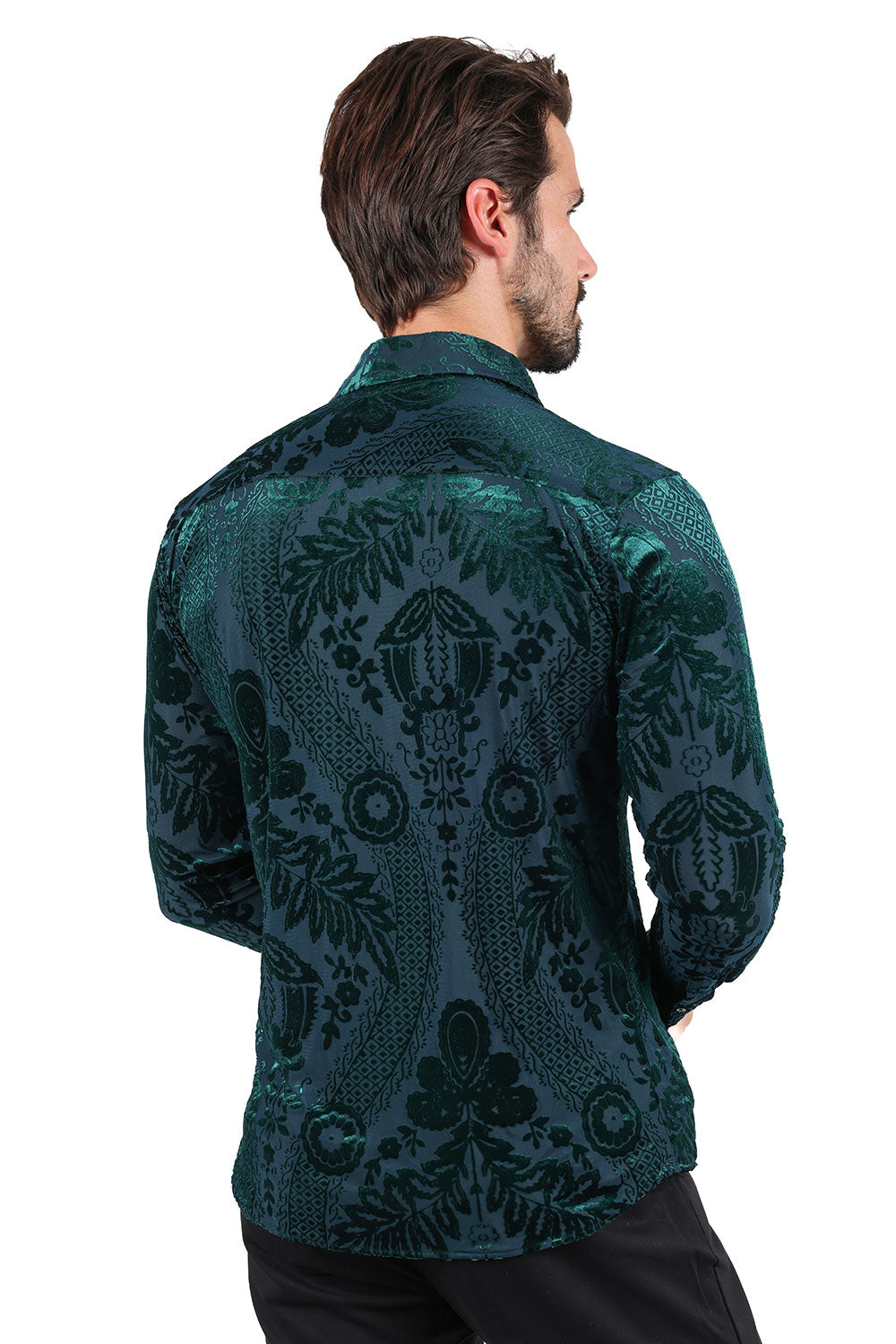 BARABAS Men's Floral Paisley See Through Long Sleeve Shirt 2SVL02 Green